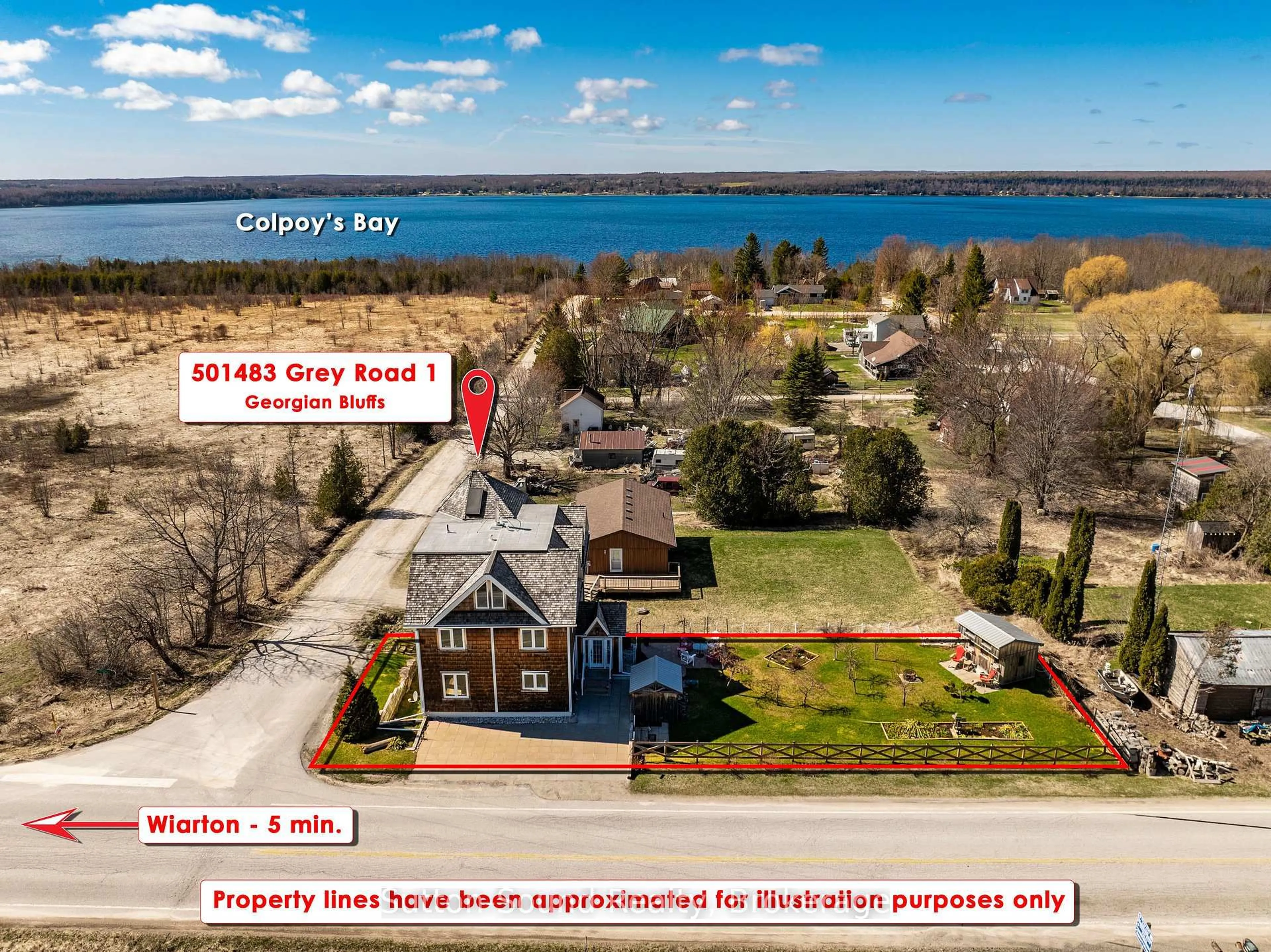 A pic from outside/outdoor area/front of a property/back of a property/a pic from drone, water/lake/river/ocean view for 501483 Grey Road 1 Rd, Georgian Bluffs Ontario N0H 2T0