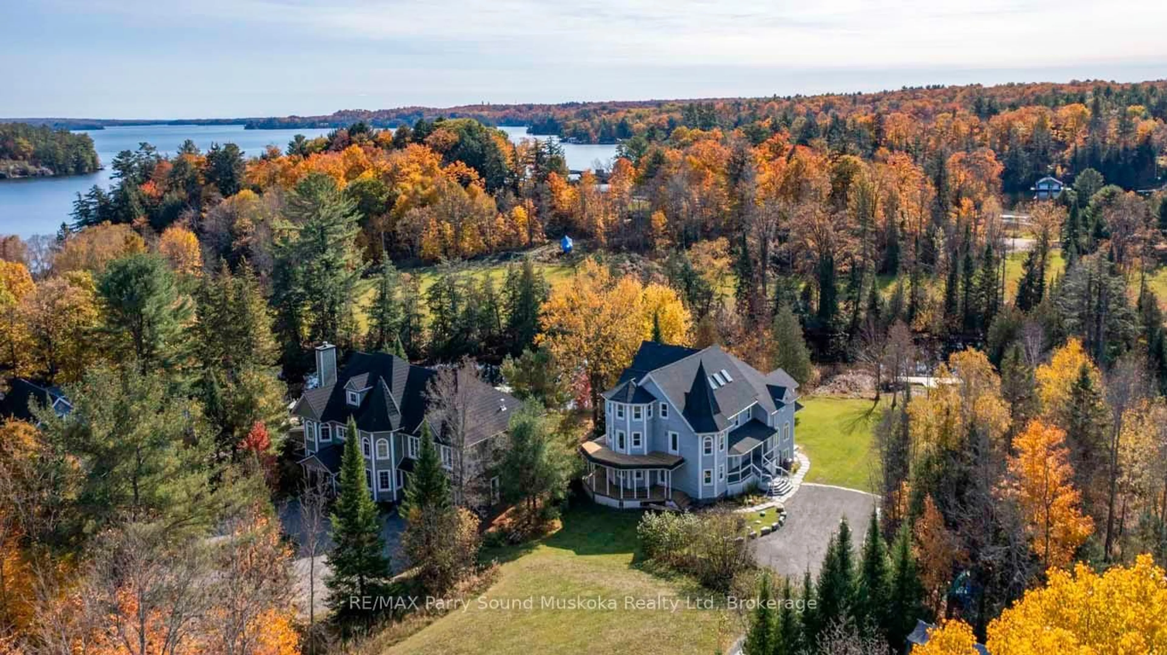 A pic from outside/outdoor area/front of a property/back of a property/a pic from drone, water/lake/river/ocean view for 14-16 KNOWLES Cres, Seguin Ontario P0C 1J0