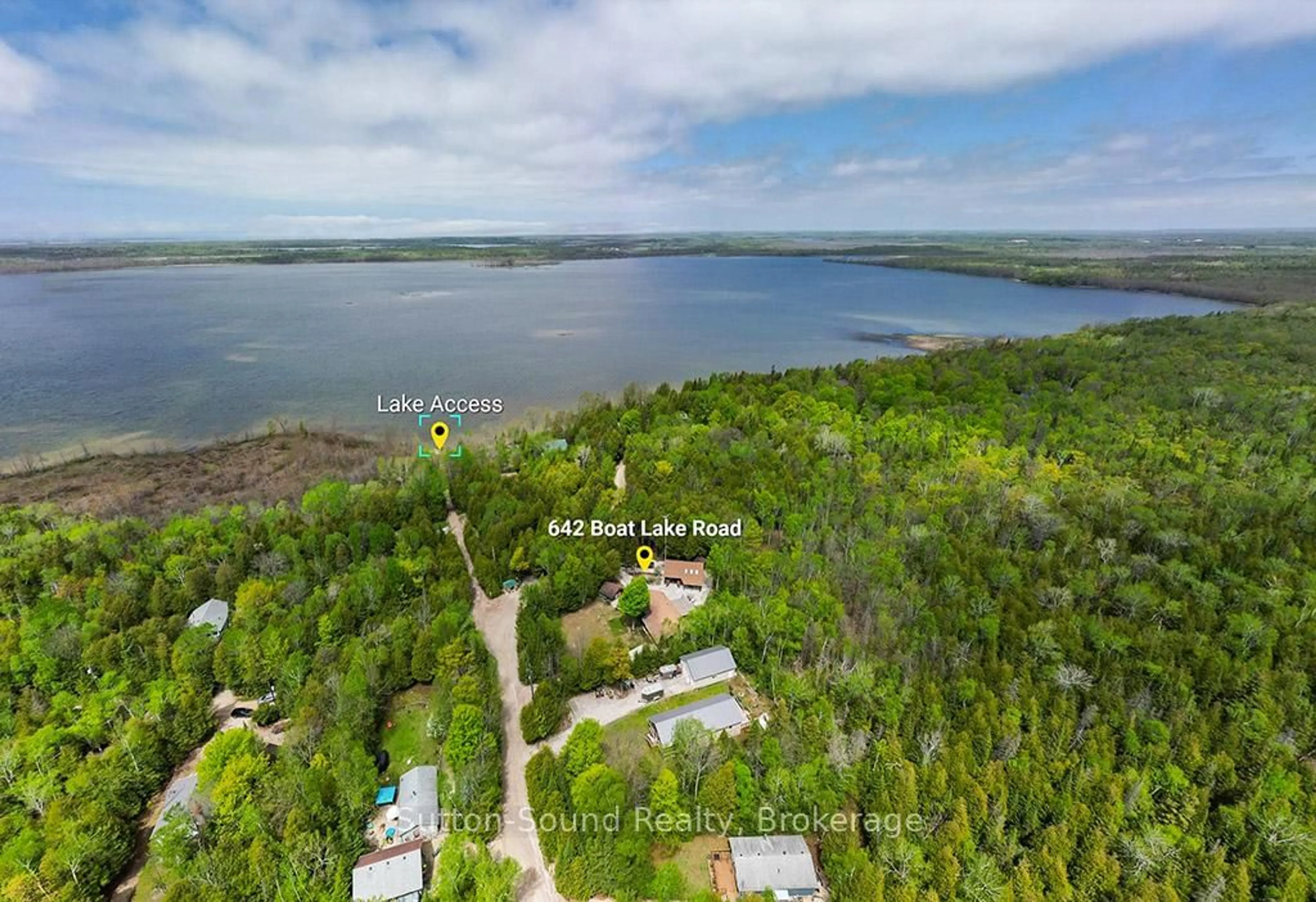 A pic from outside/outdoor area/front of a property/back of a property/a pic from drone, water/lake/river/ocean view for 642 BOAT LAKE Rd, South Bruce Peninsula Ontario N0H 2T0