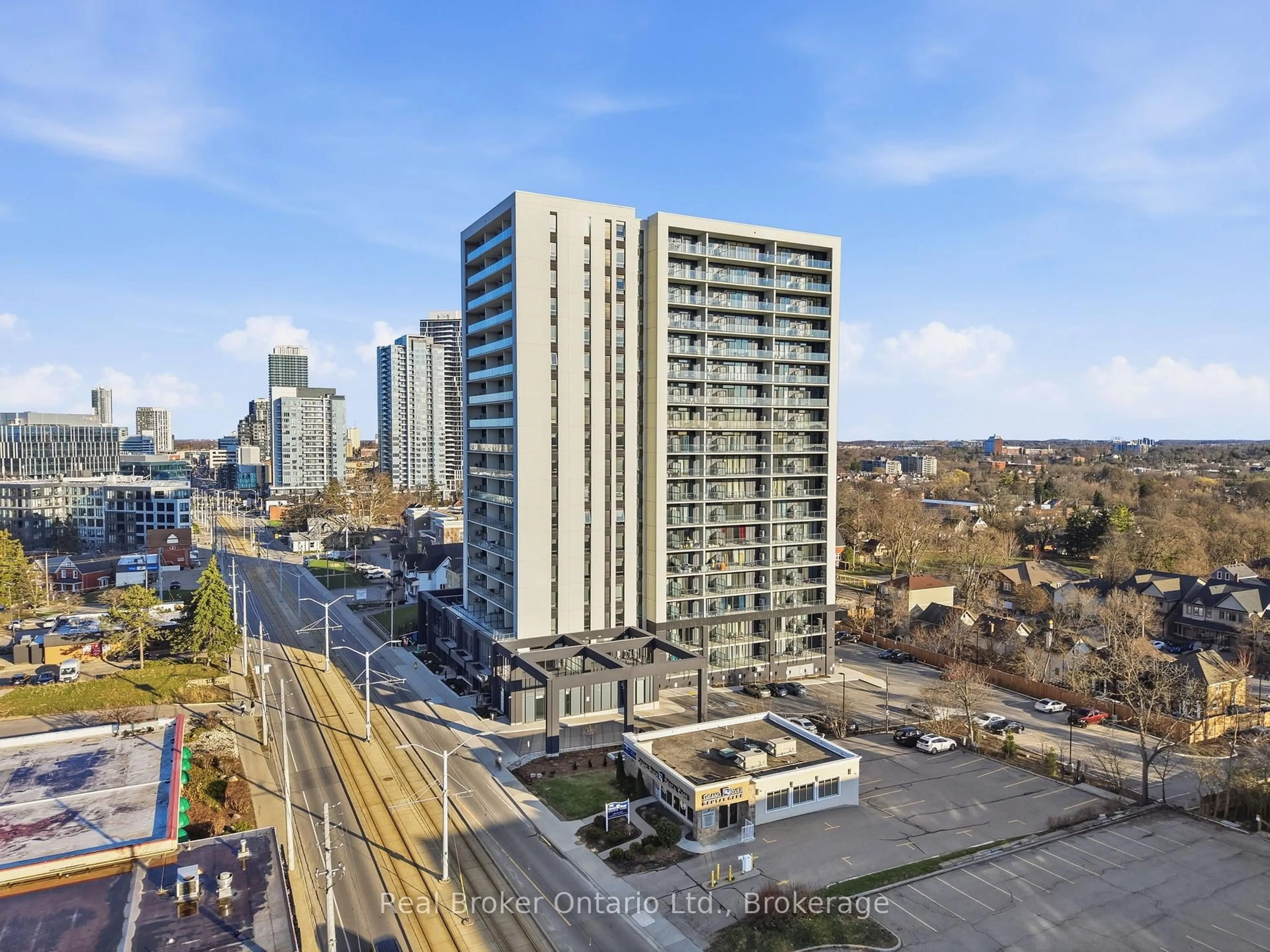 A pic from outside/outdoor area/front of a property/back of a property/a pic from drone, city buildings view from balcony for 741 King St #107, Kitchener Ontario N2G 0E9