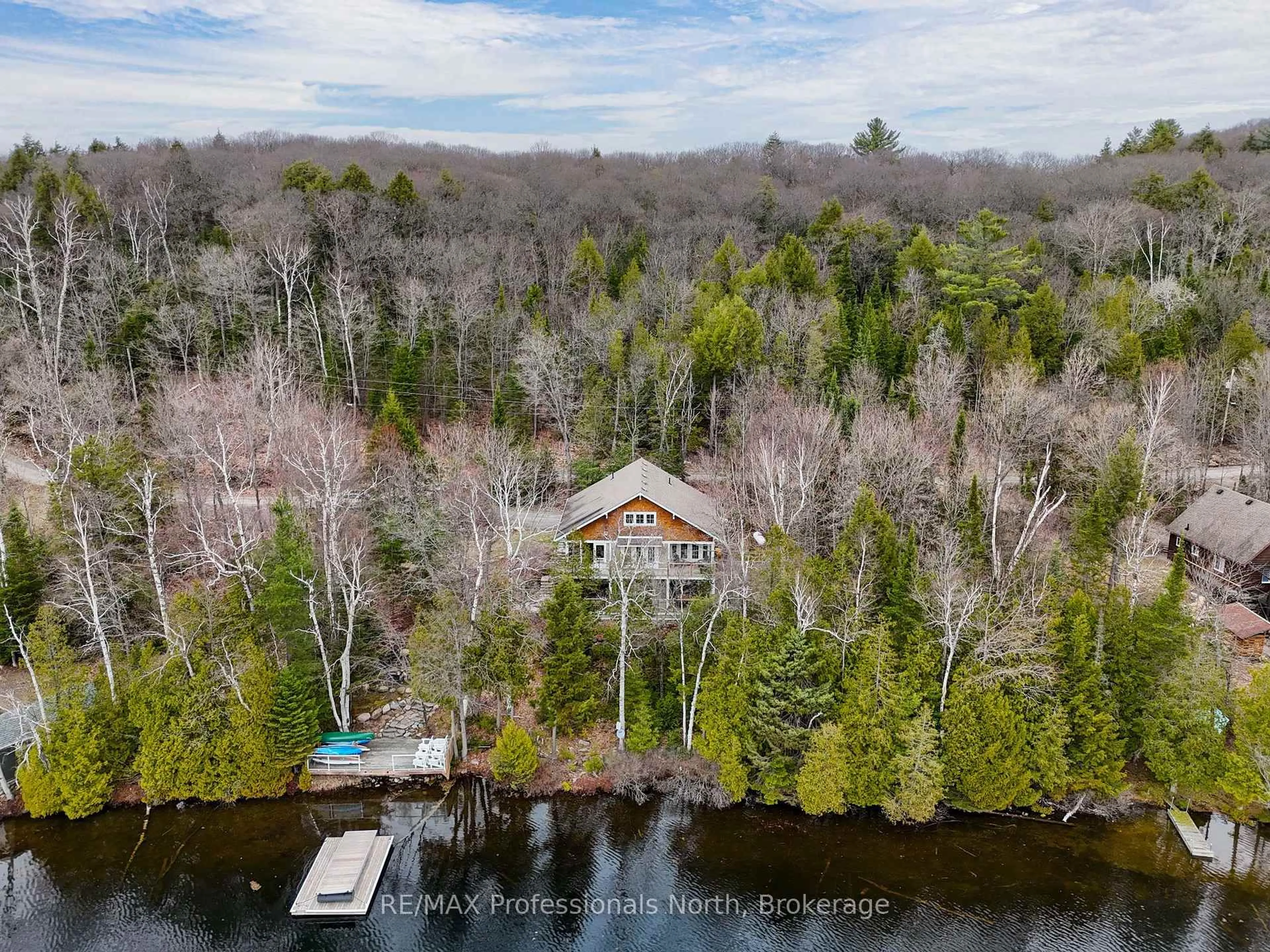 A pic from outside/outdoor area/front of a property/back of a property/a pic from drone, water/lake/river/ocean view for 539 North Bay Lake Rd, Perry Ontario P0A 1J0
