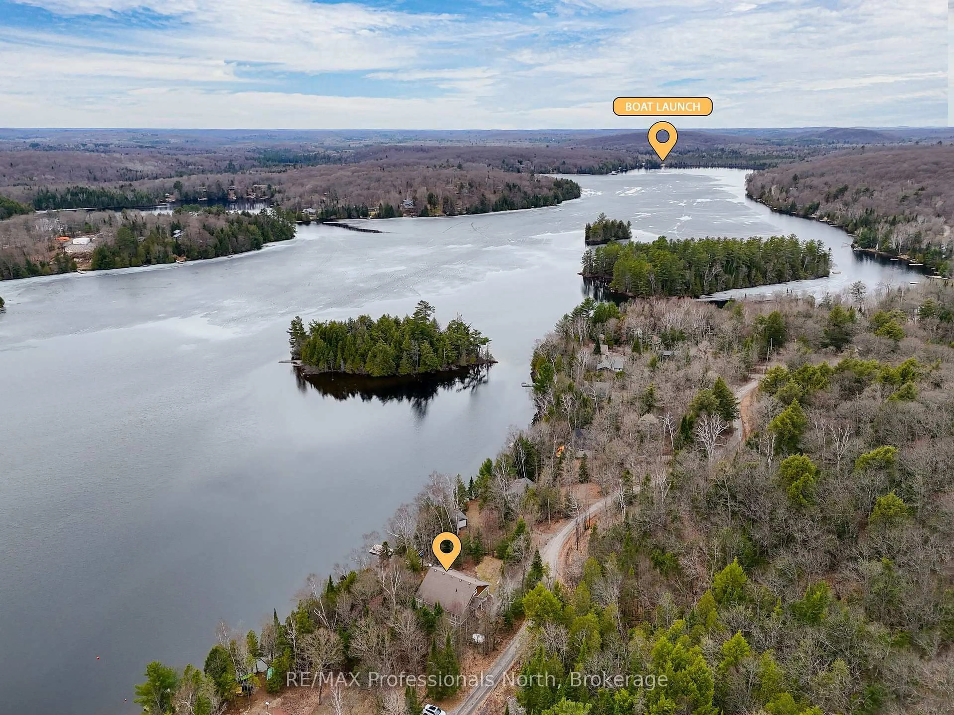 A pic from outside/outdoor area/front of a property/back of a property/a pic from drone, water/lake/river/ocean view for 539 North Bay Lake Rd, Perry Ontario P0A 1J0
