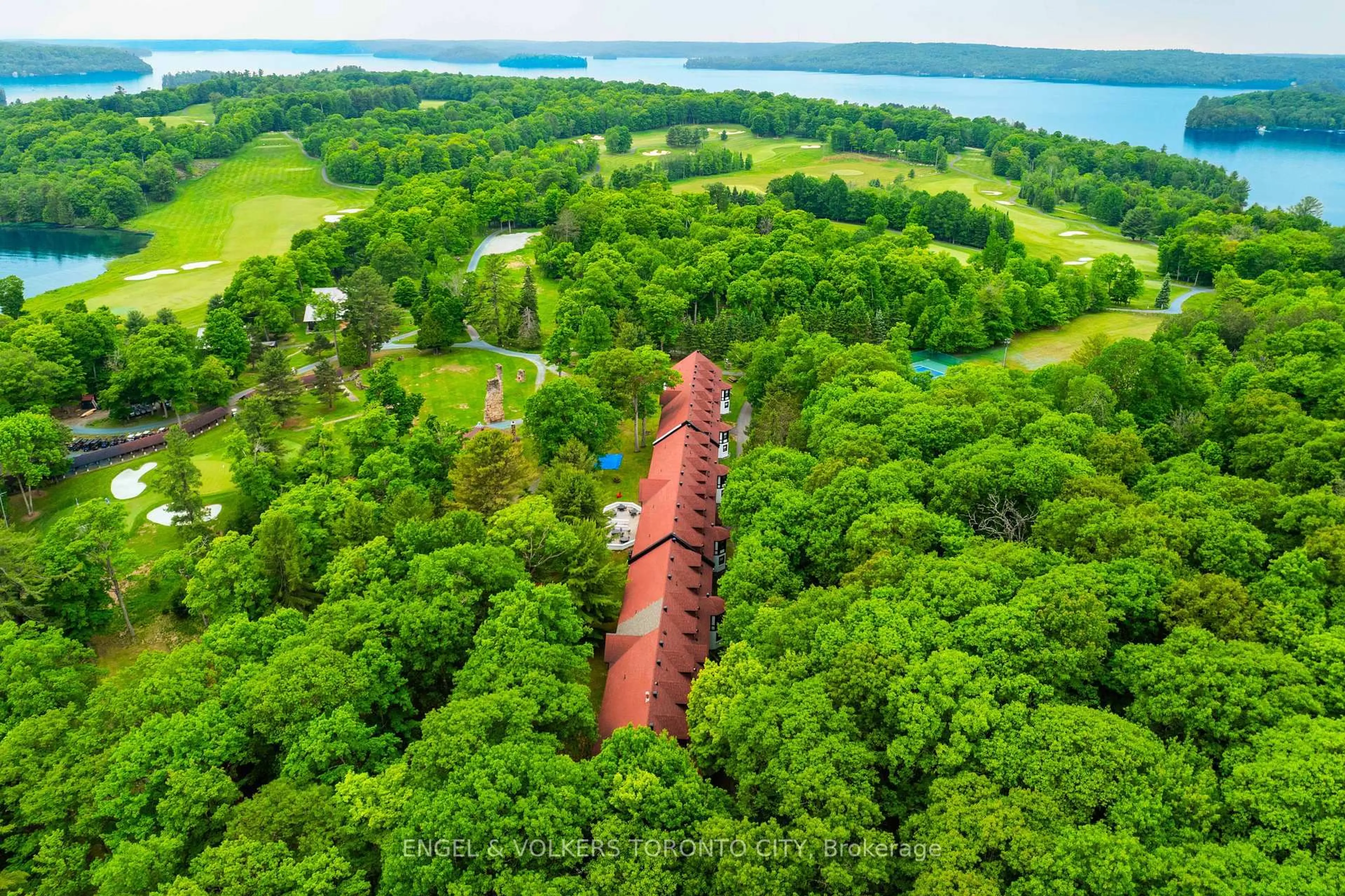 A pic from outside/outdoor area/front of a property/back of a property/a pic from drone, forest/trees view for 12 Bigwin Island #118, Lake of Bays Ontario P0B 1A0