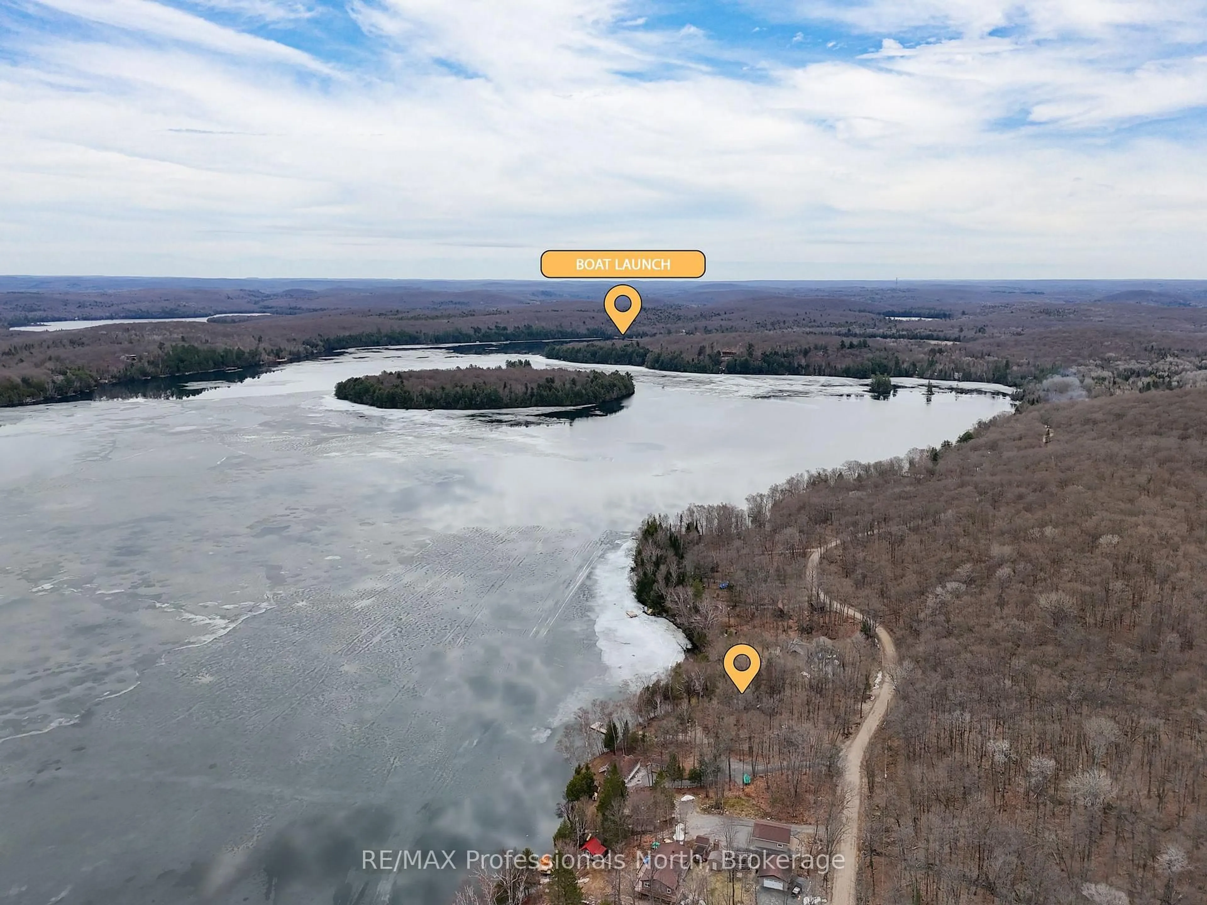 A pic from outside/outdoor area/front of a property/back of a property/a pic from drone, water/lake/river/ocean view for 223B Sunnylea Ave, Armour Ontario P0A 1J0