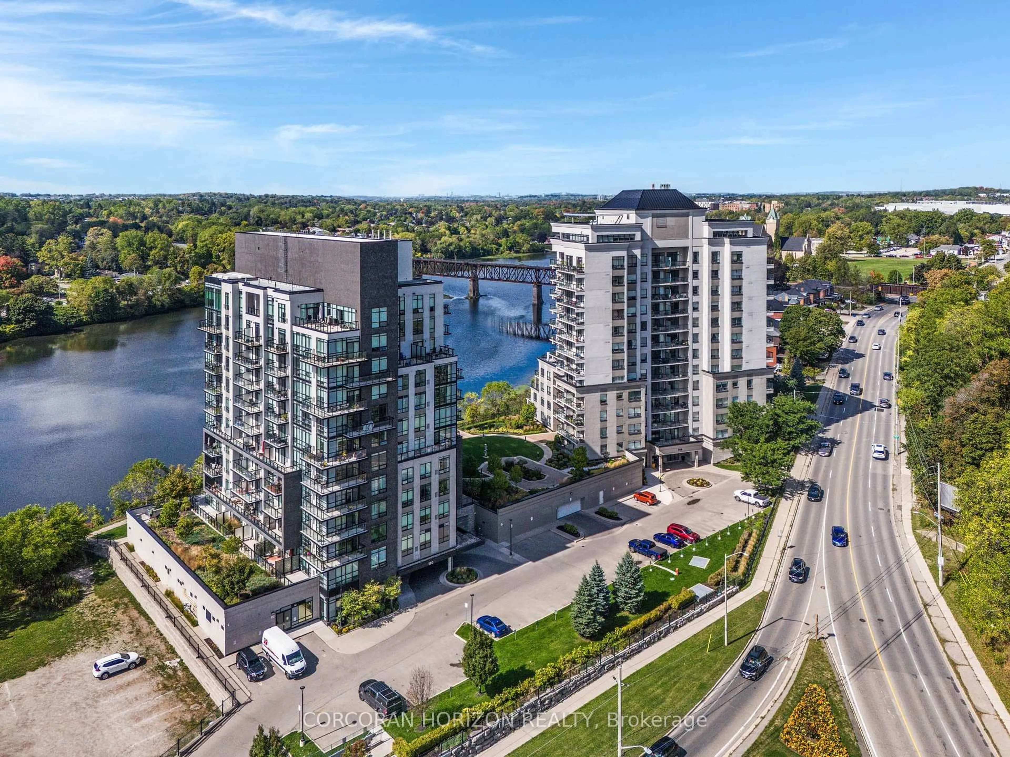 A pic from outside/outdoor area/front of a property/back of a property/a pic from drone, water/lake/river/ocean view for 150 Water St #904, Cambridge Ontario N1R 0B5