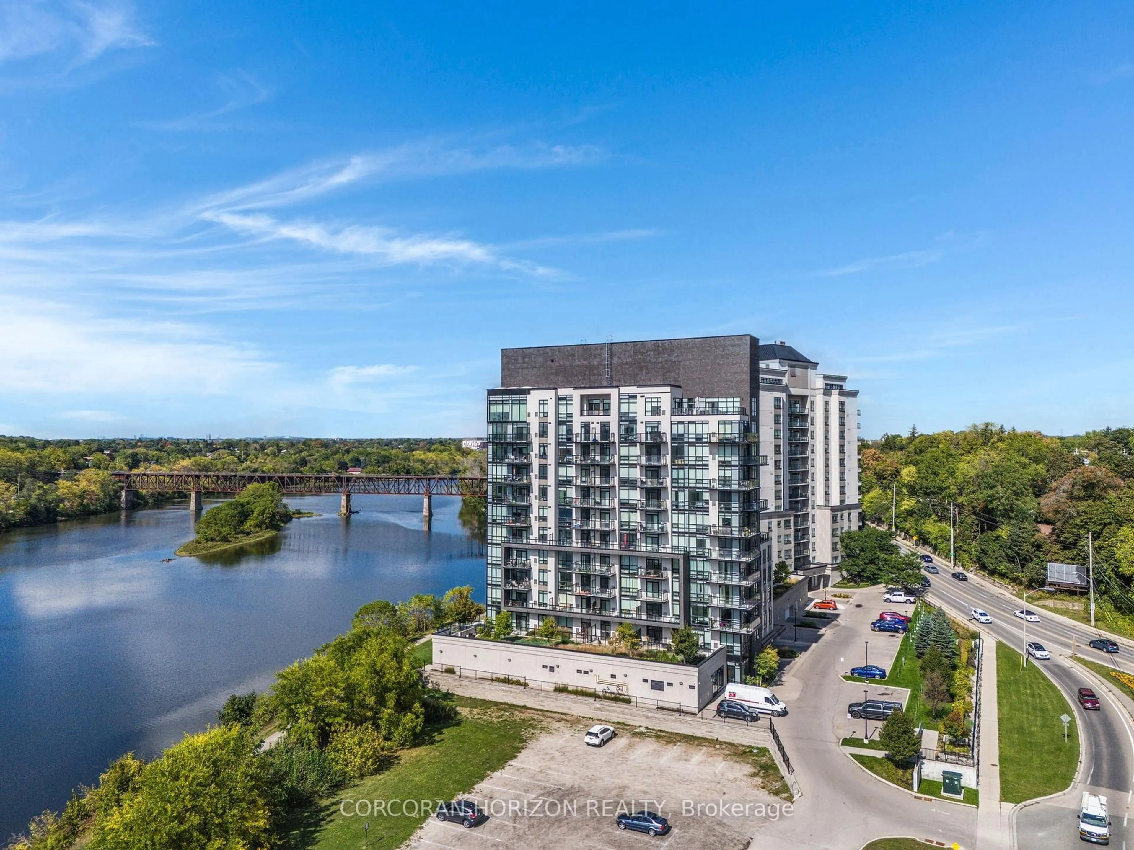 A pic from outside/outdoor area/front of a property/back of a property/a pic from drone, water/lake/river/ocean view for 150 Water St #904, Cambridge Ontario N1R 0B5
