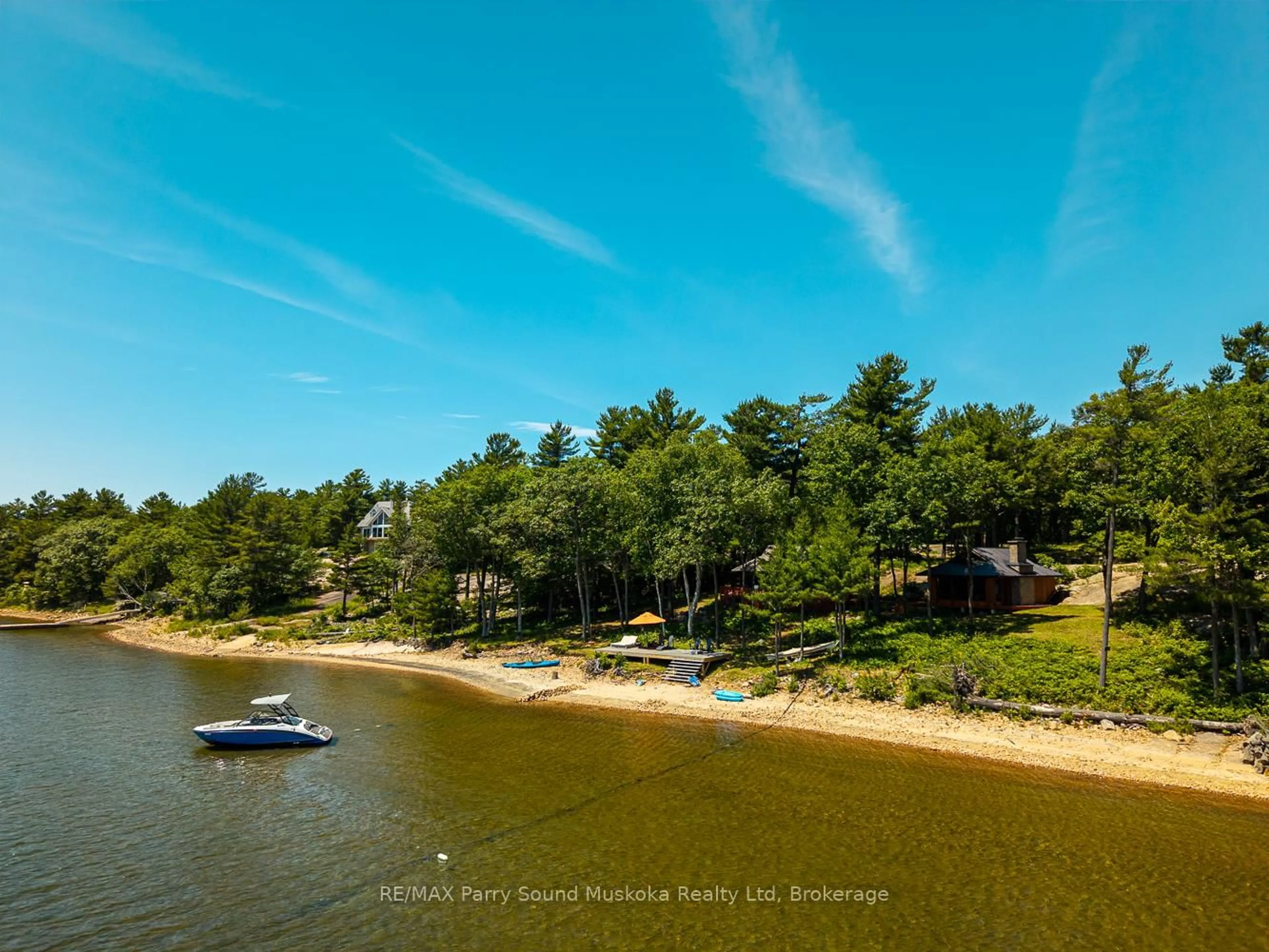 A pic from outside/outdoor area/front of a property/back of a property/a pic from drone, water/lake/river/ocean view for 47 Linda Lane, Carling Ontario P0G 1G0