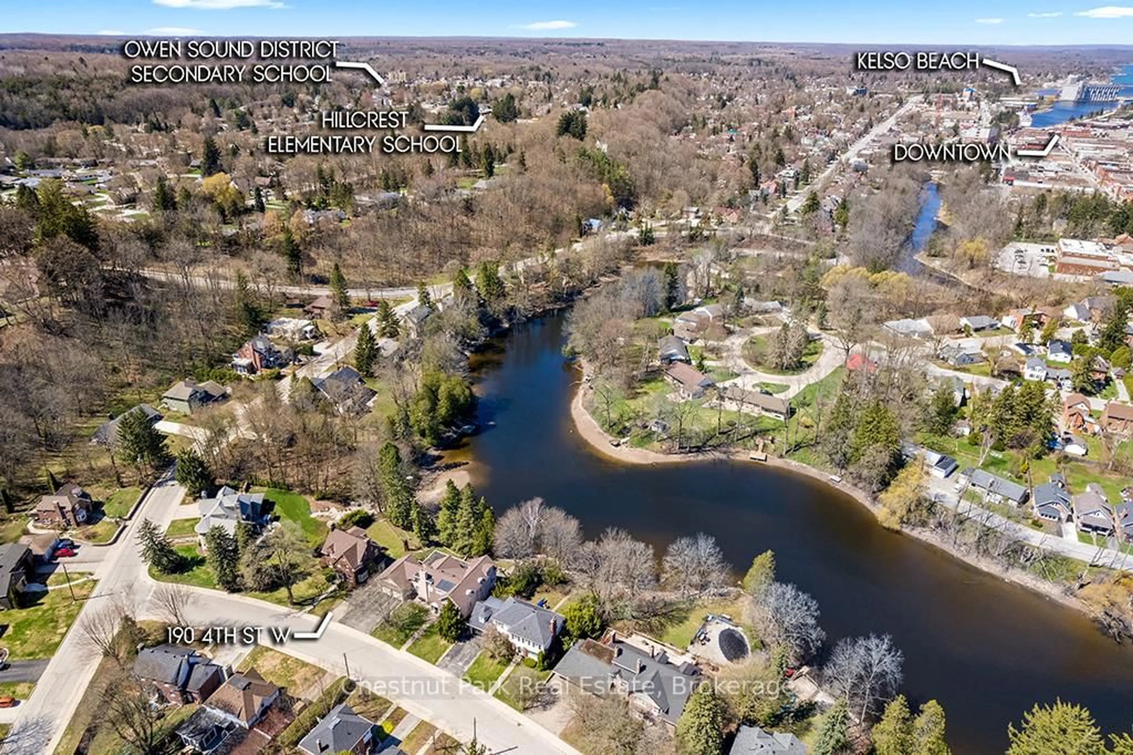 A pic from outside/outdoor area/front of a property/back of a property/a pic from drone, water/lake/river/ocean view for 190 4th St, Owen Sound Ontario N4K 3J9