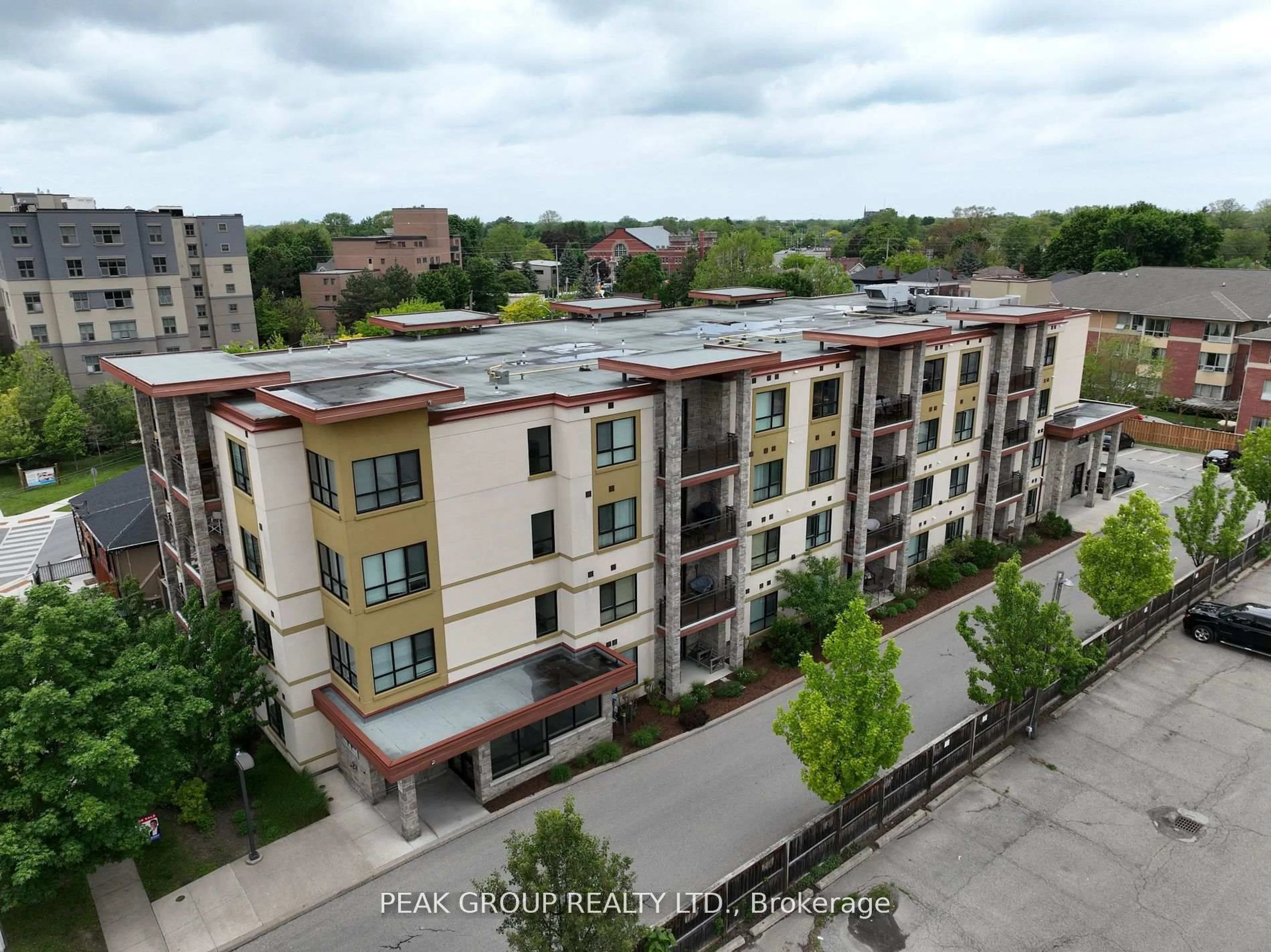 A pic from outside/outdoor area/front of a property/back of a property/a pic from drone, city buildings view from balcony for 26 Wellington St #106, St. Catharines Ontario L2R 5P8