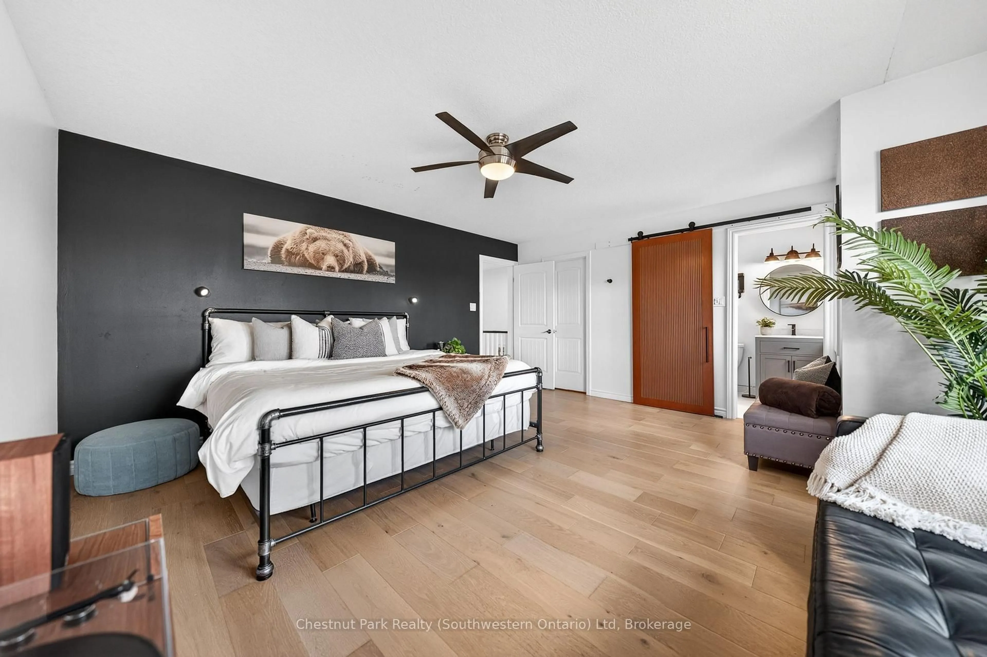 Bedroom with bed, wood/laminate floor for 49 Katemore Dr, Guelph Ontario N1L 0H4