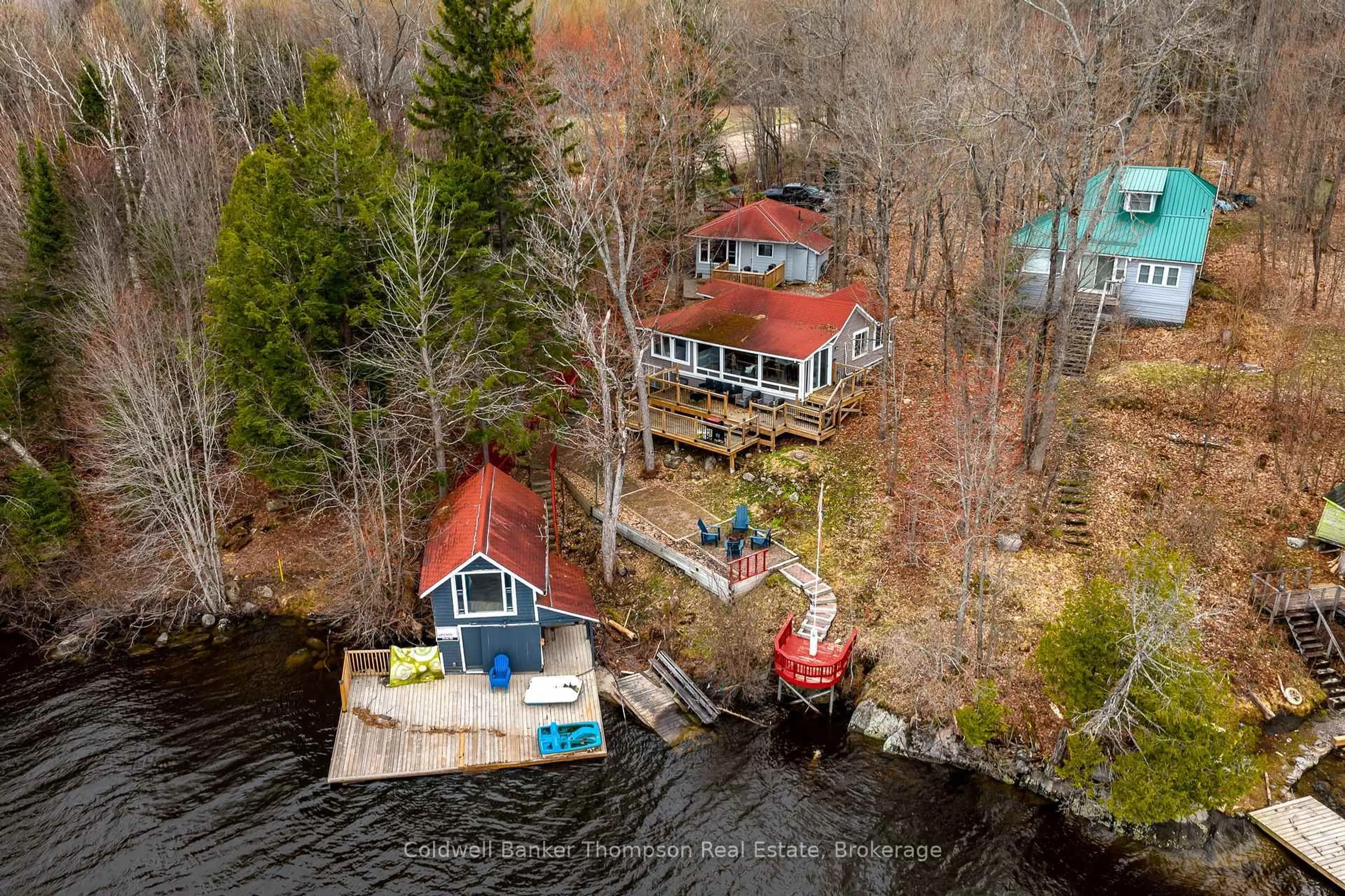 A pic from outside/outdoor area/front of a property/back of a property/a pic from drone, water/lake/river/ocean view for 4 A&B Starratt Rd, Ryerson Ontario P0A 1C0
