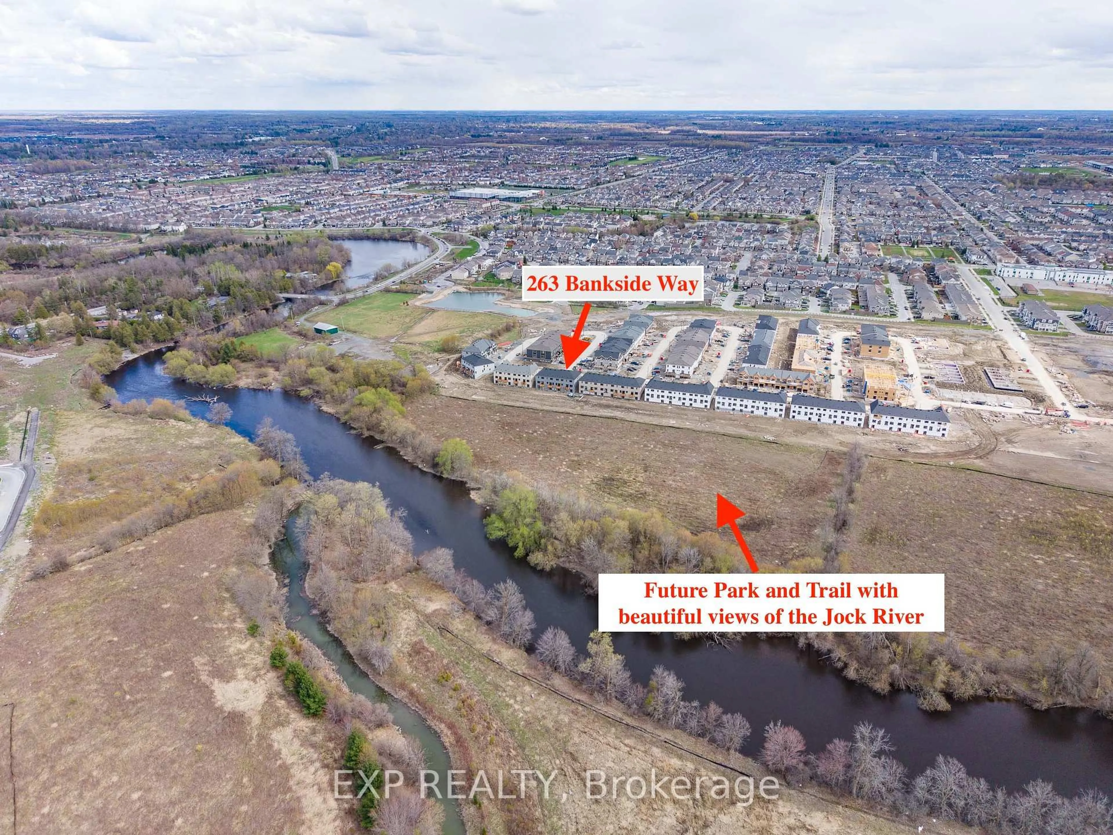 A pic from outside/outdoor area/front of a property/back of a property/a pic from drone, water/lake/river/ocean view for 263 Bankside Way, Barrhaven Ontario K2J 7M8