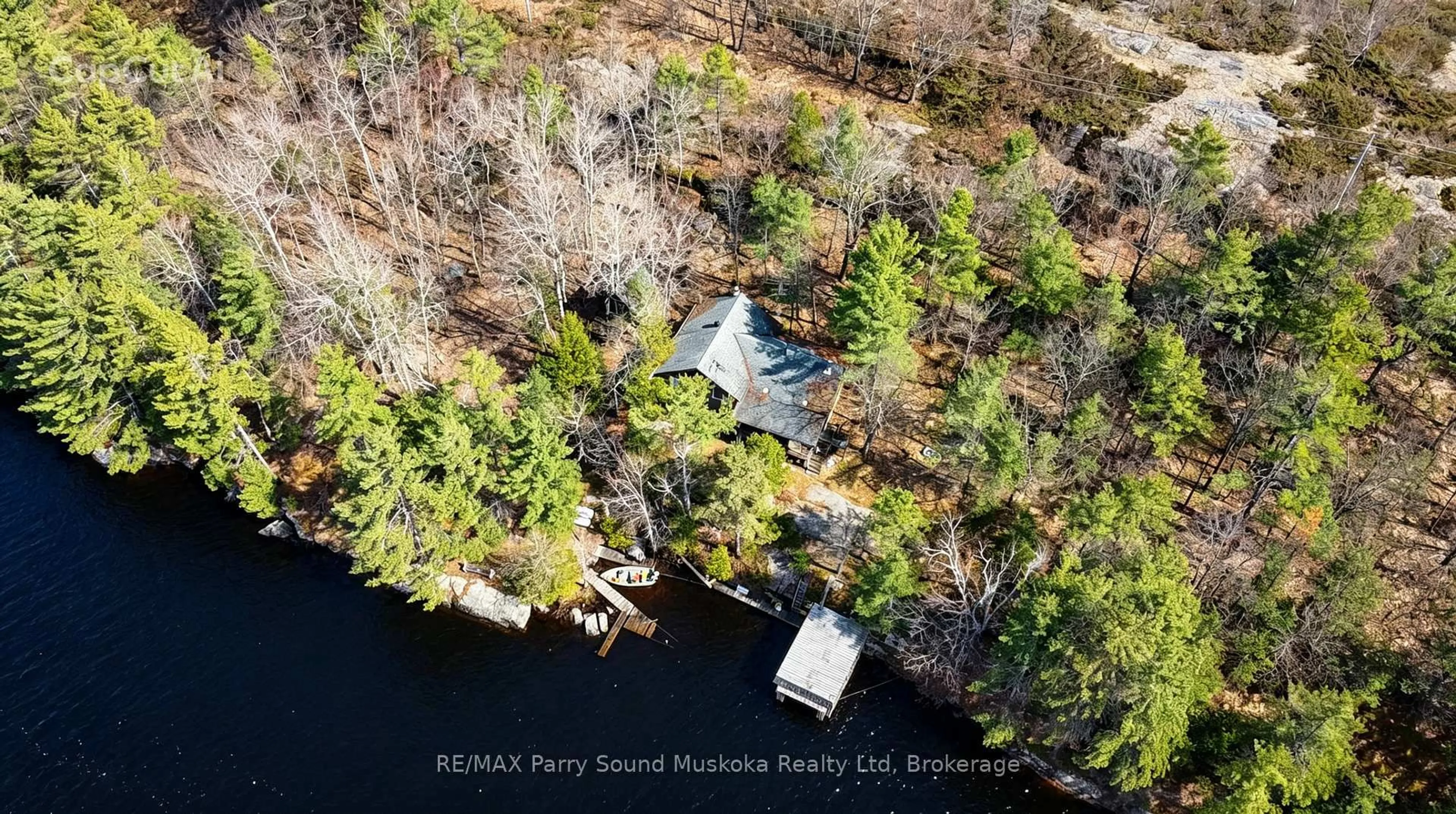 A pic from outside/outdoor area/front of a property/back of a property/a pic from drone, water/lake/river/ocean view for 55 Healey Lake Water, The Archipelago Ontario P2A 0B7