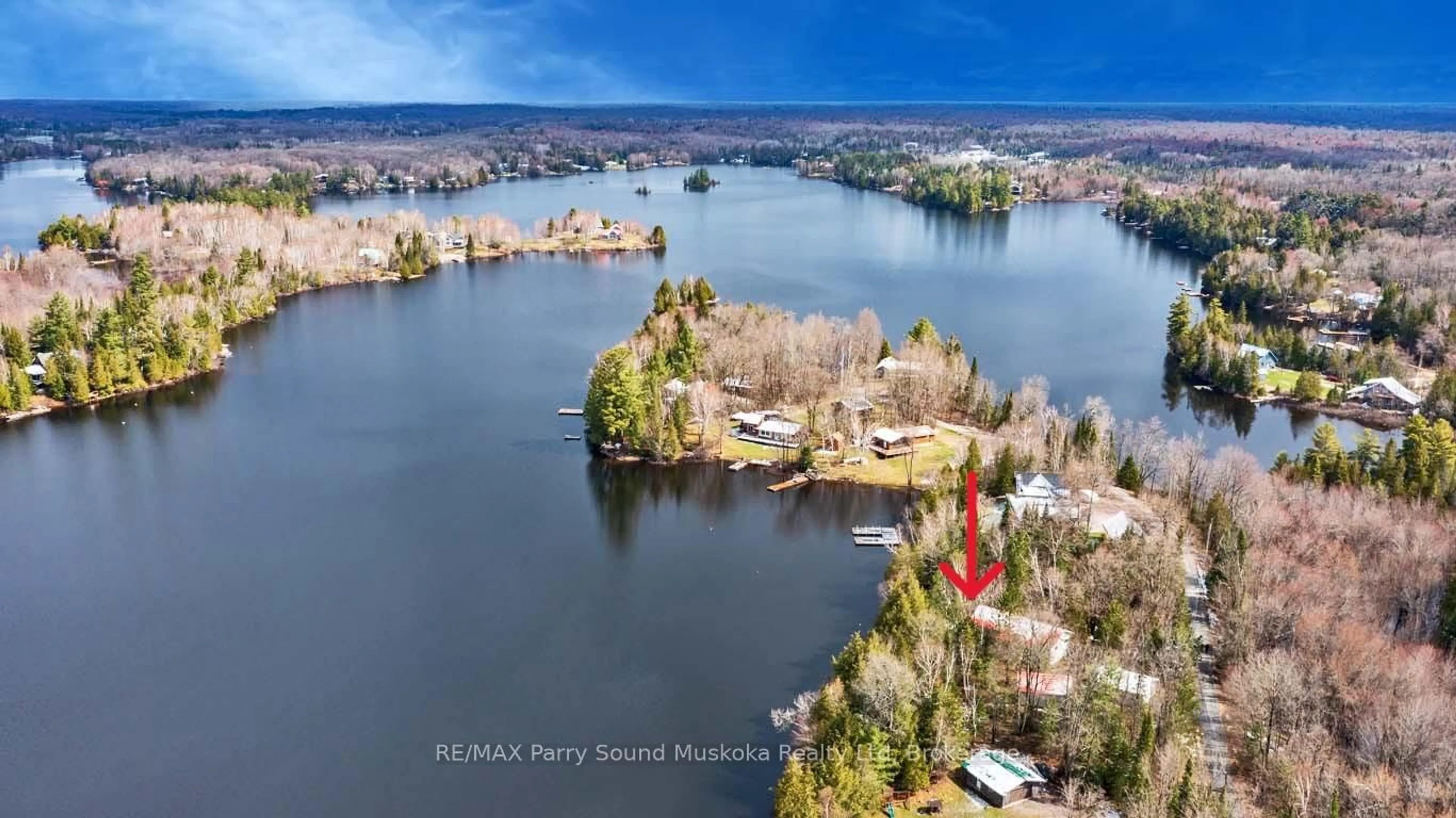 A pic from outside/outdoor area/front of a property/back of a property/a pic from drone, water/lake/river/ocean view for 408 Chur Lee Rd, Whitestone Ontario P0A 1G0
