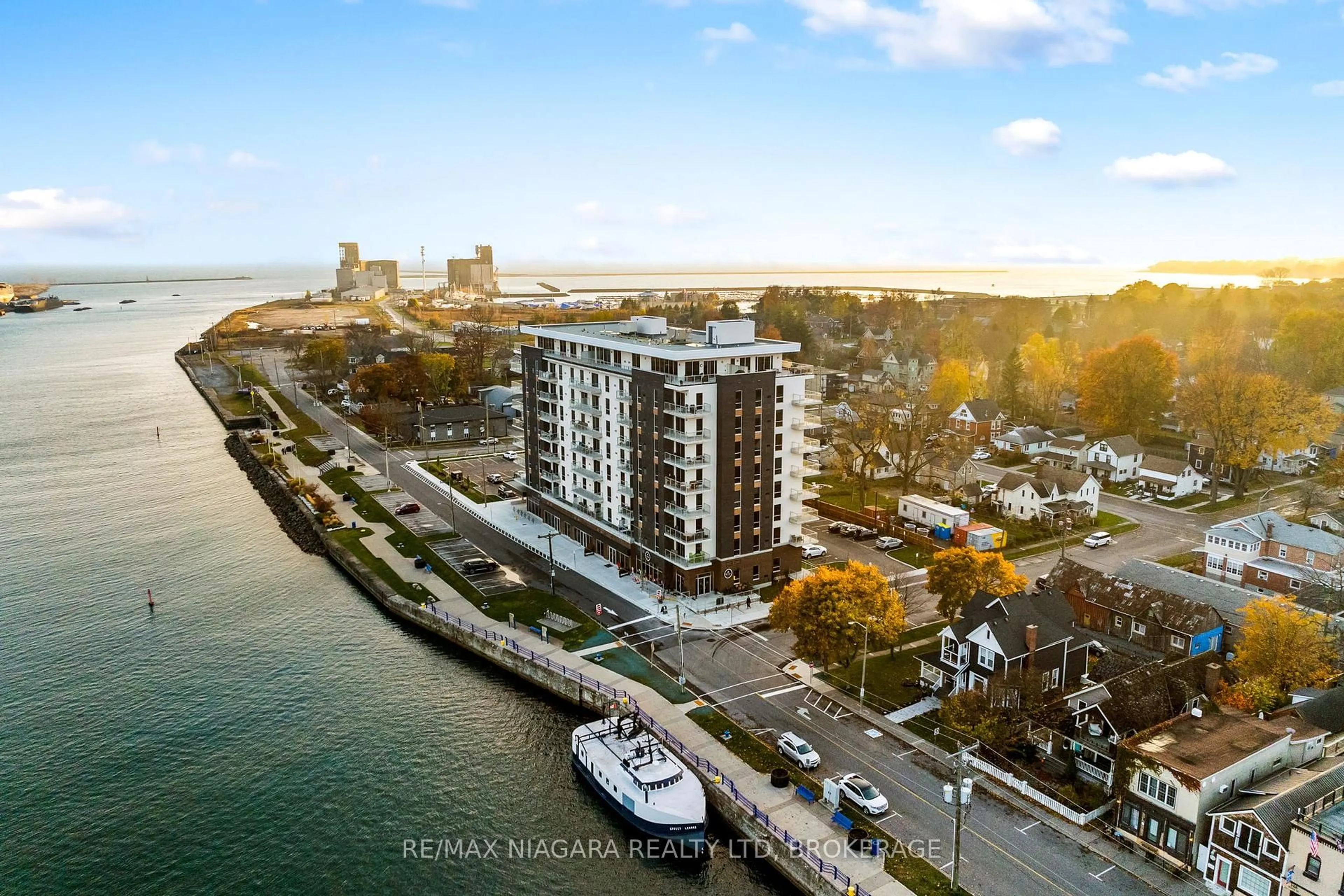 A pic from outside/outdoor area/front of a property/back of a property/a pic from drone, water/lake/river/ocean view for 118 West St #703, Port Colborne Ontario L3K 0B9
