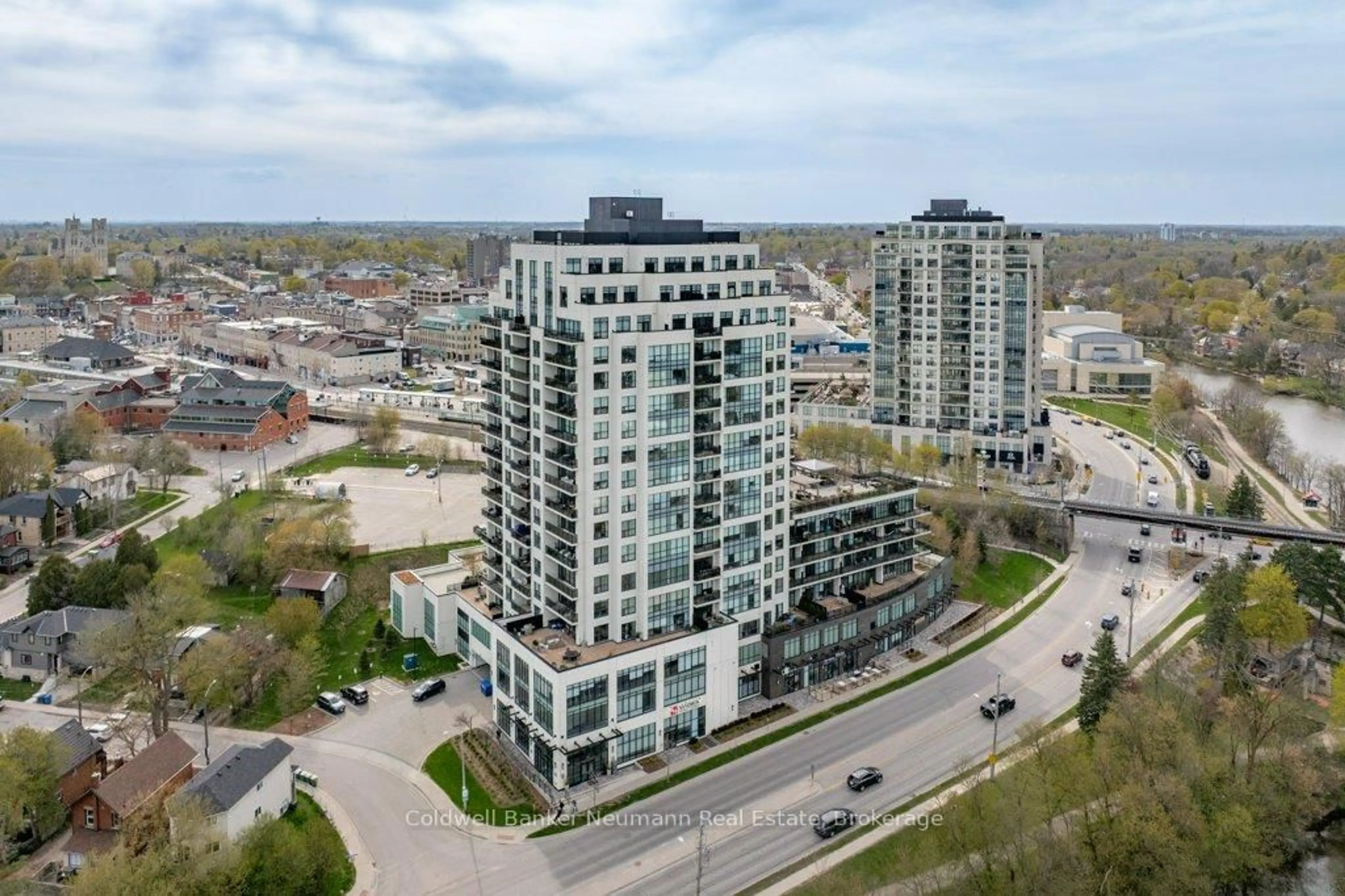 A pic from outside/outdoor area/front of a property/back of a property/a pic from drone, city buildings view from balcony for 150 Wellington St #506, Guelph Ontario N1H 0B5