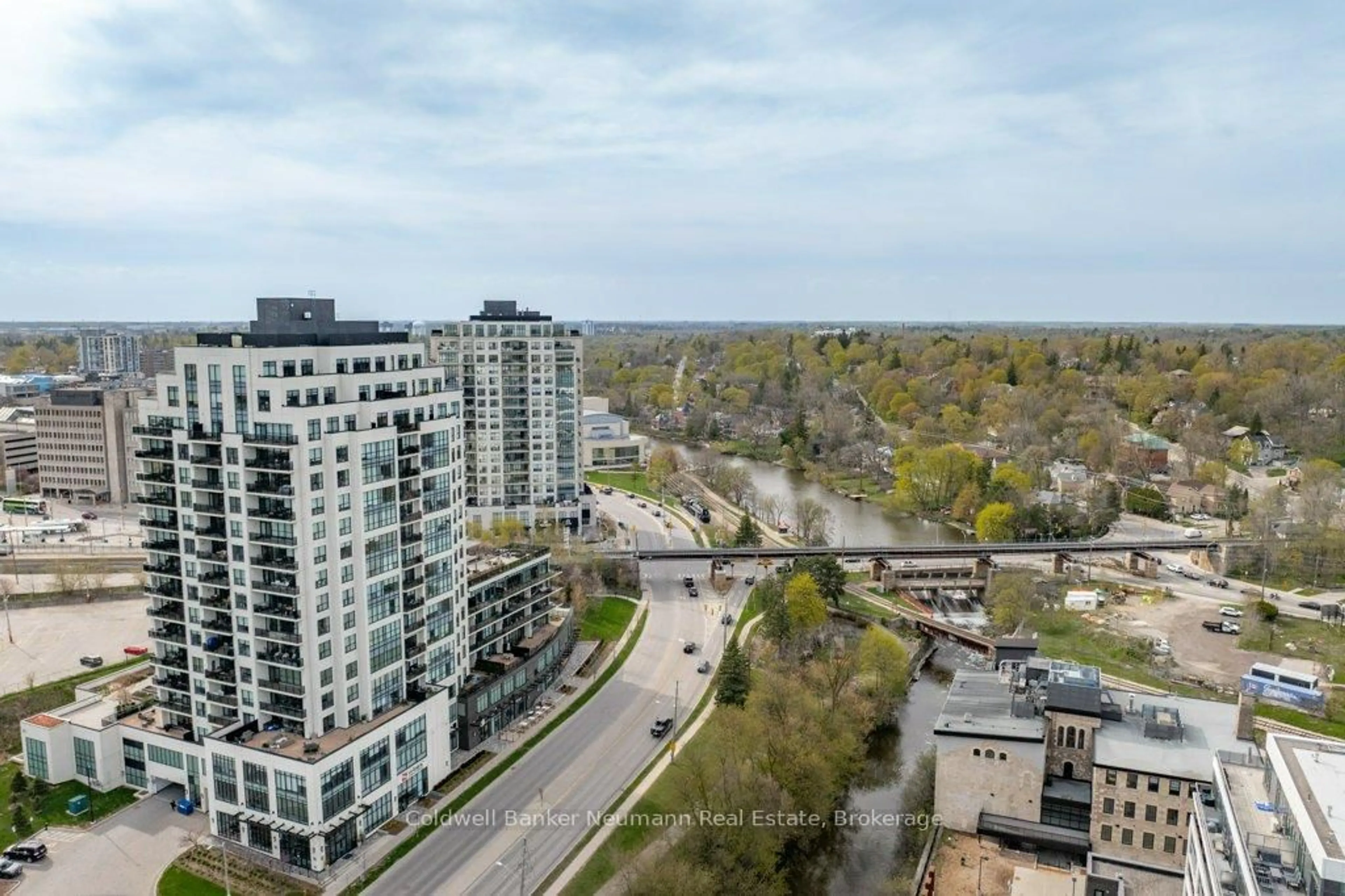 A pic from outside/outdoor area/front of a property/back of a property/a pic from drone, city buildings view from balcony for 150 Wellington St #506, Guelph Ontario N1H 0B5