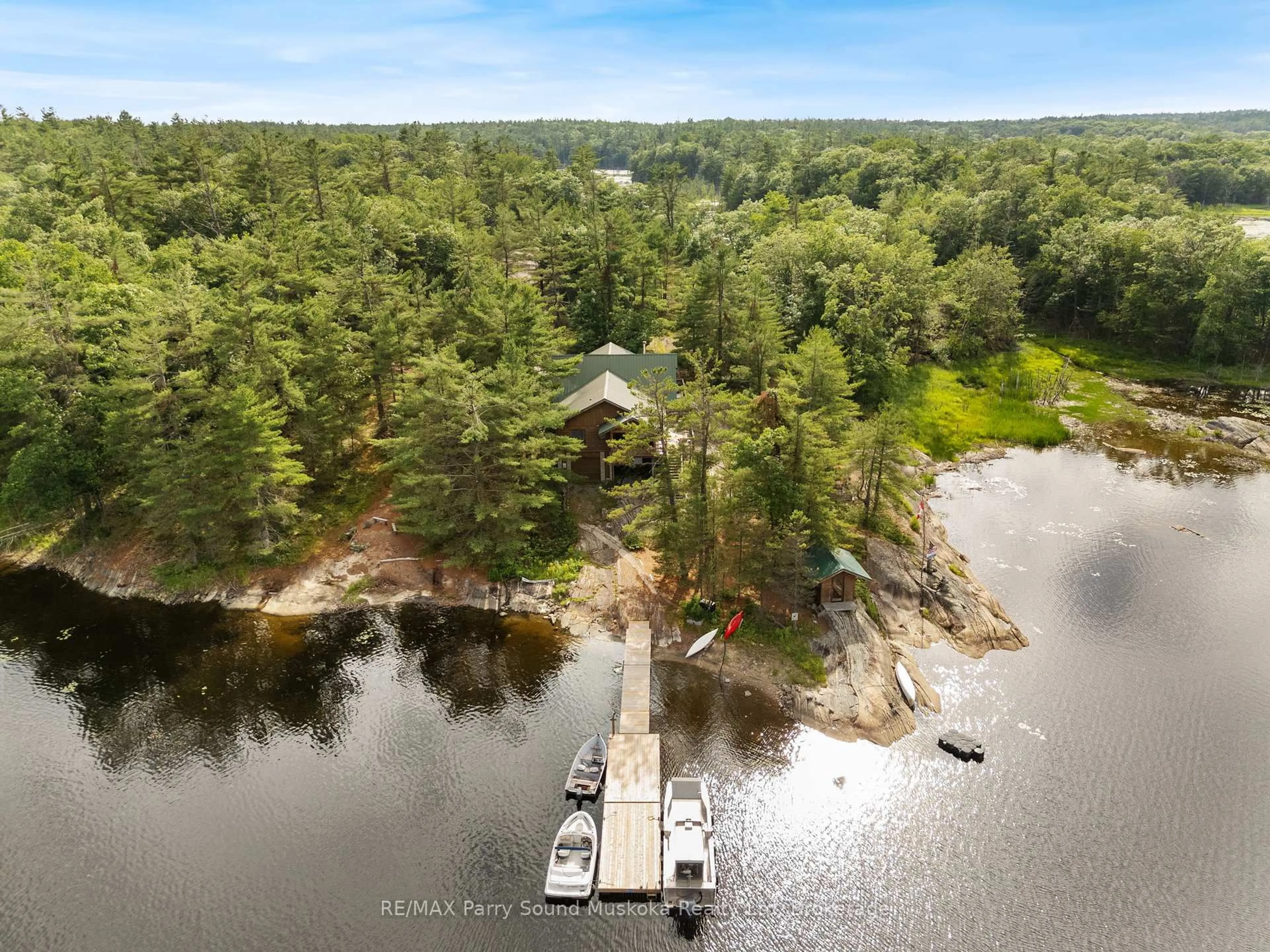 A pic from outside/outdoor area/front of a property/back of a property/a pic from drone, water/lake/river/ocean view for 594 Georgian Bay Water, The Archipelago Ontario P0C 1H0