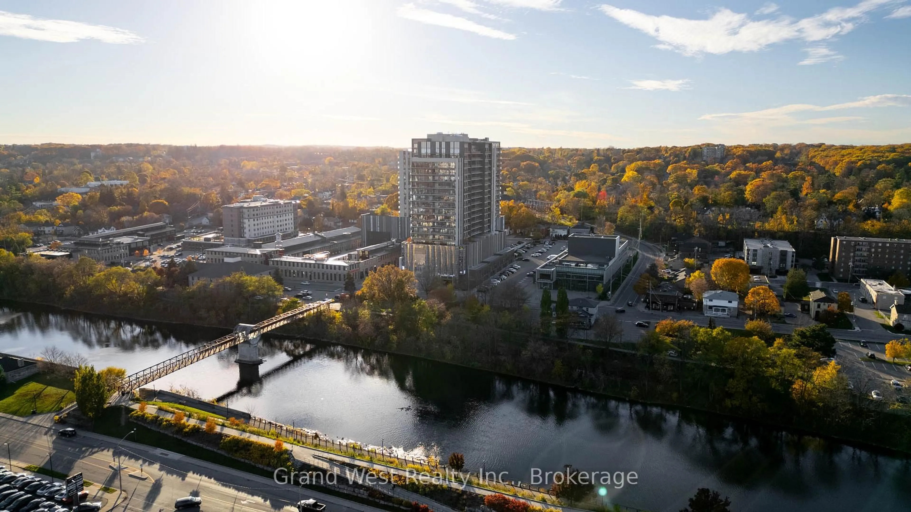 A pic from outside/outdoor area/front of a property/back of a property/a pic from drone, city buildings view from balcony for 50 Grand Ave #602, Cambridge Ontario N1S 0C2