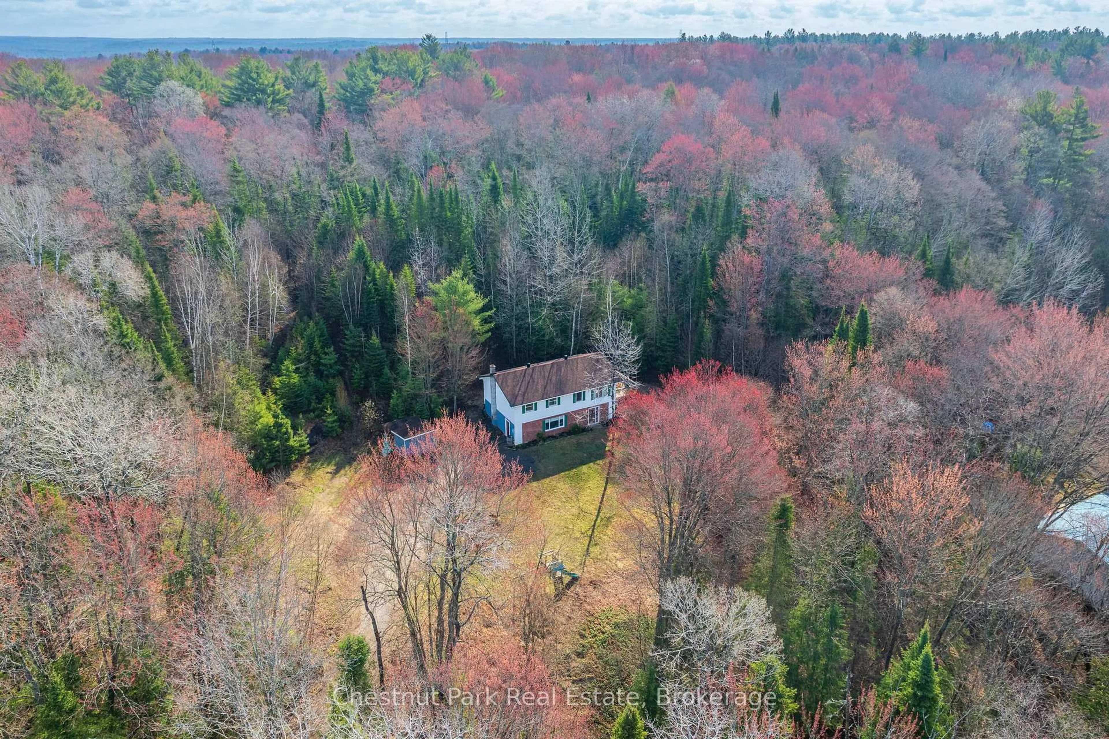 A pic from outside/outdoor area/front of a property/back of a property/a pic from drone, forest/trees view for 1895 Lone Pine Dr, Huntsville Ontario P0B 1L0