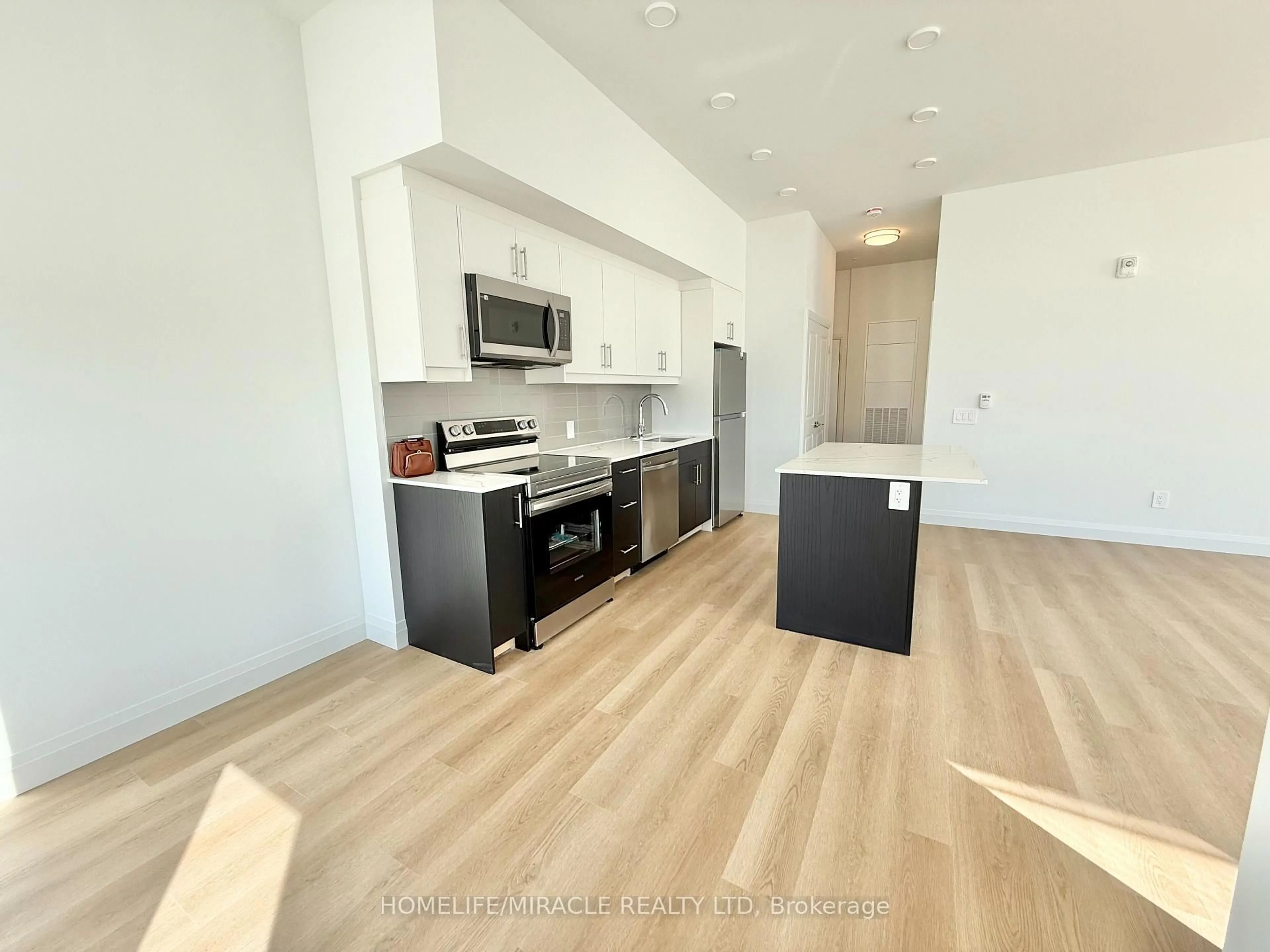 Open concept kitchen, wood/laminate floor for 1333 Weber St #104, Kitchener Ontario N2A 1C2