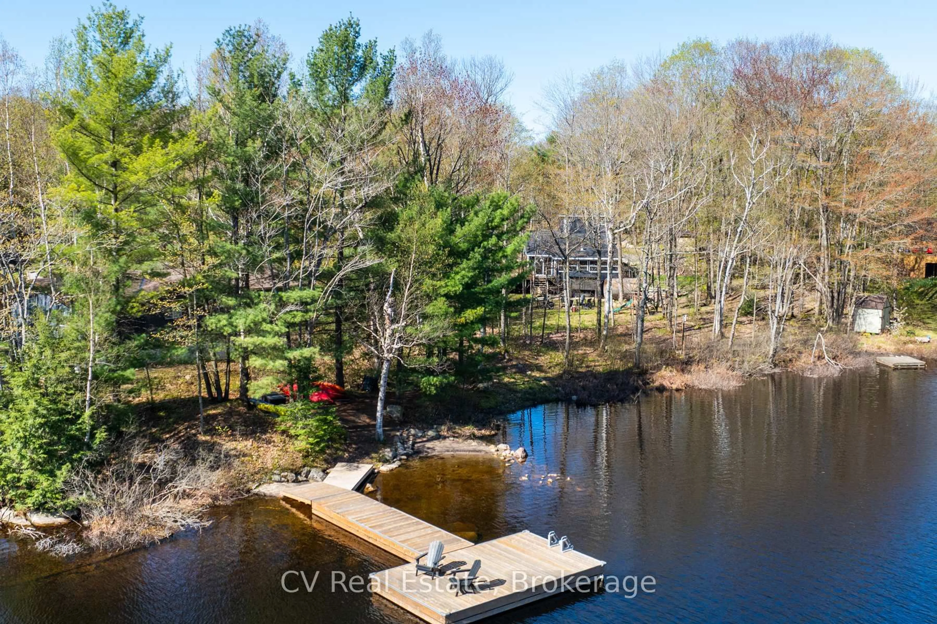 A pic from outside/outdoor area/front of a property/back of a property/a pic from drone, water/lake/river/ocean view for 281 Stewart Lake Rd, Georgian Bay Ontario P0C 1H0