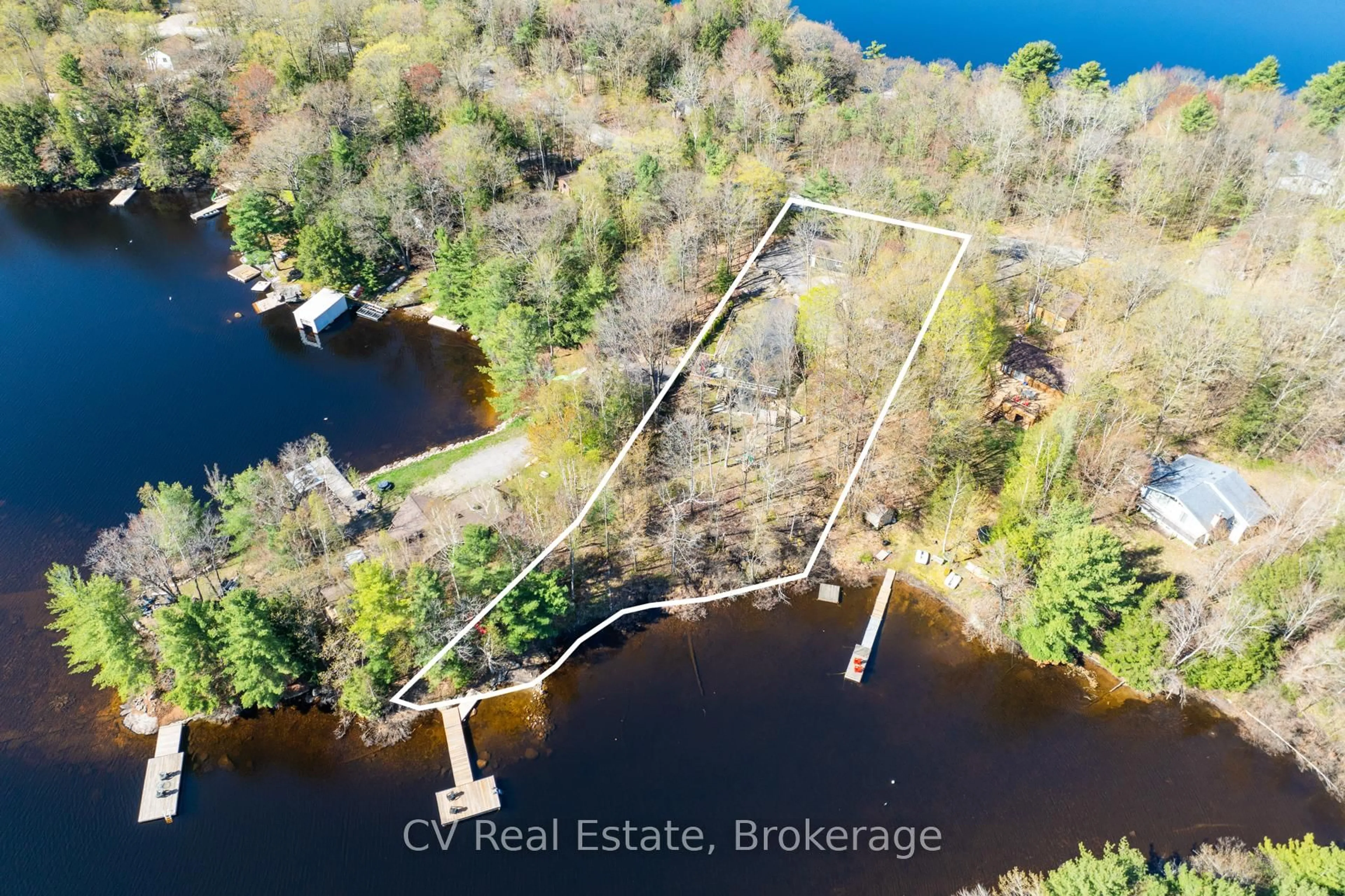 A pic from outside/outdoor area/front of a property/back of a property/a pic from drone, water/lake/river/ocean view for 281 Stewart Lake Rd, Georgian Bay Ontario P0C 1H0