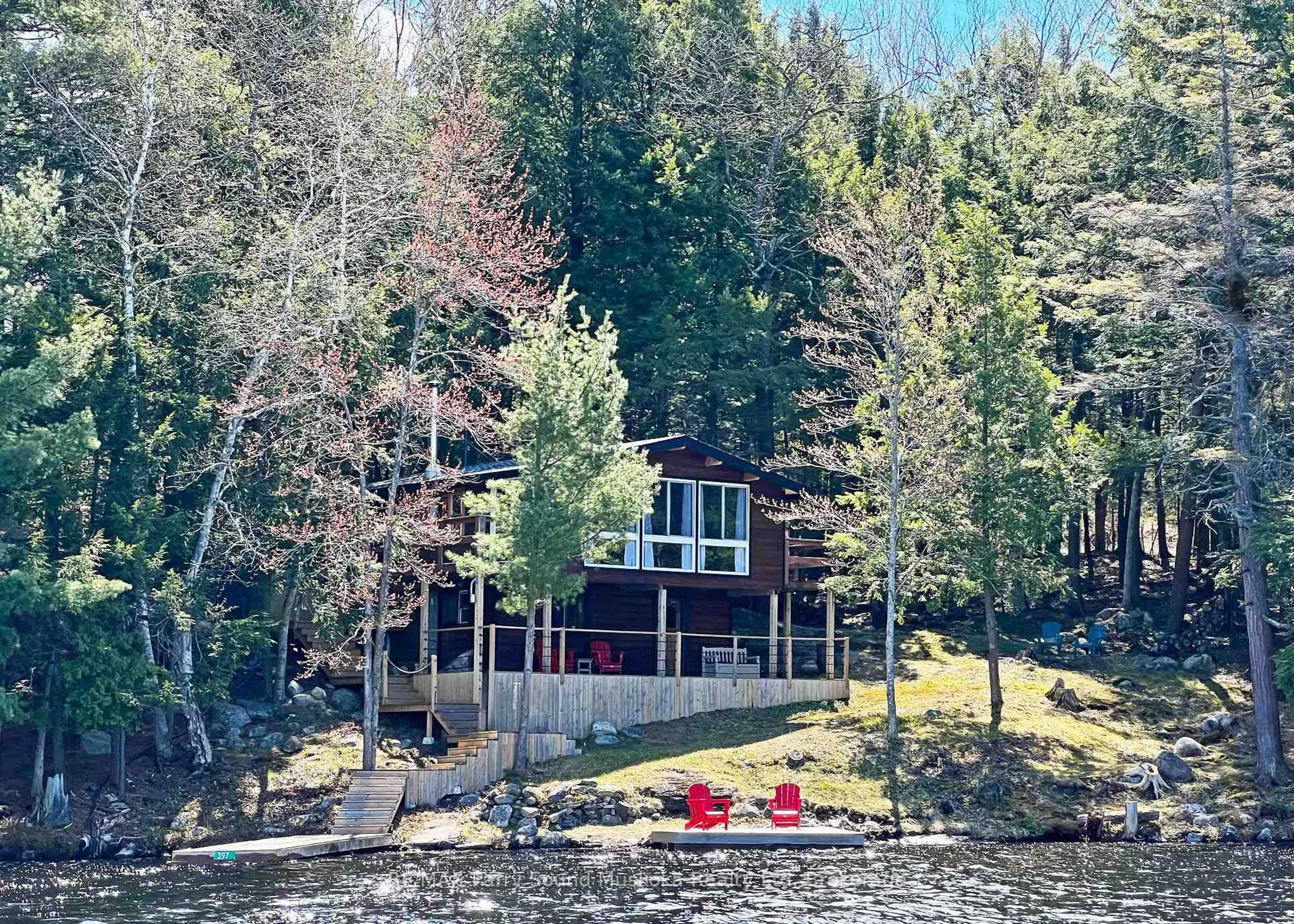 A pic from outside/outdoor area/front of a property/back of a property/a pic from drone, water/lake/river/ocean view for 397 Healey Lake Water, The Archipelago Ontario P0C 1H0