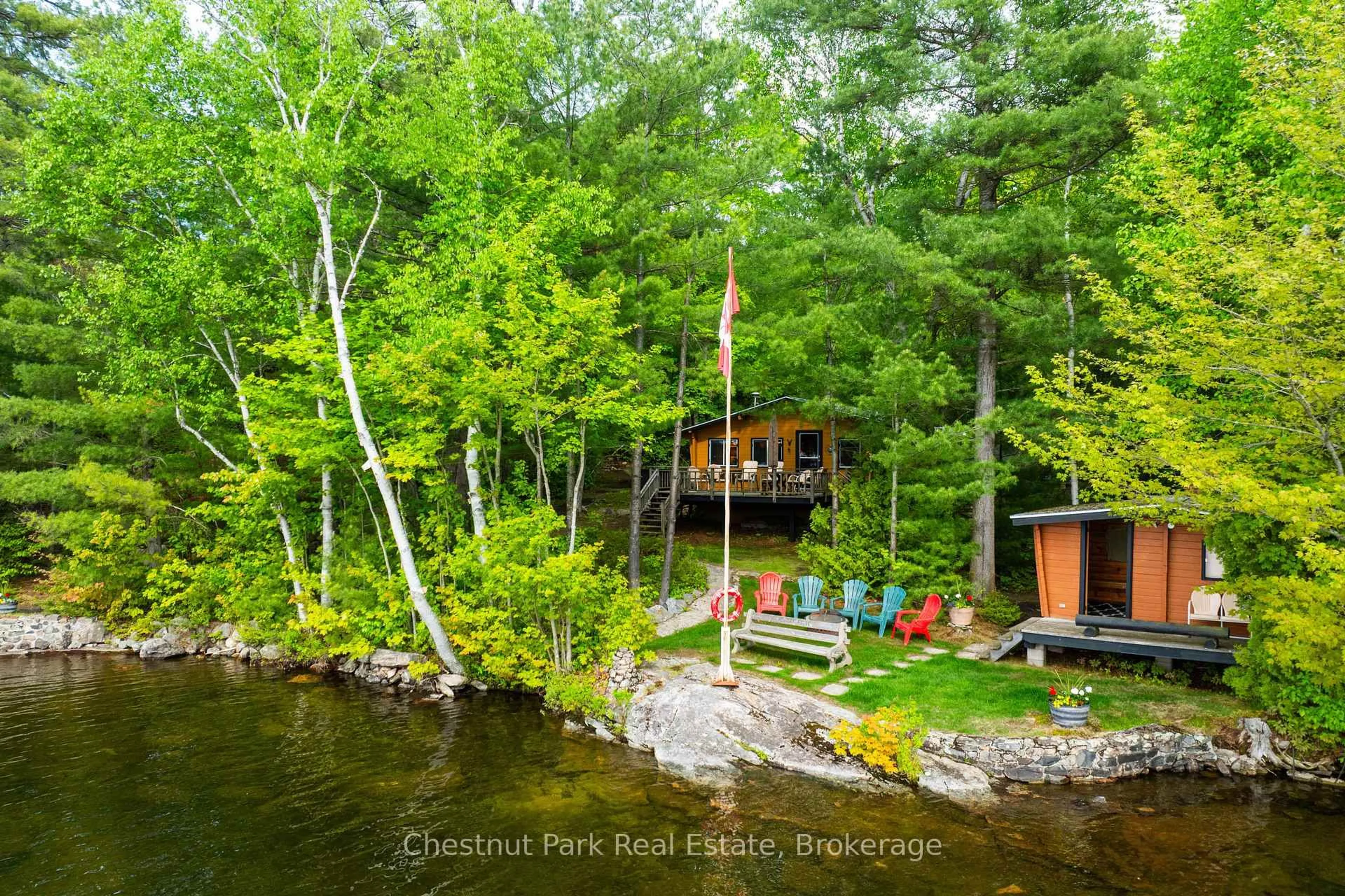 A pic from outside/outdoor area/front of a property/back of a property/a pic from drone, water/lake/river/ocean view for 6 Sundown Rd, Seguin Ontario P2A 2W8