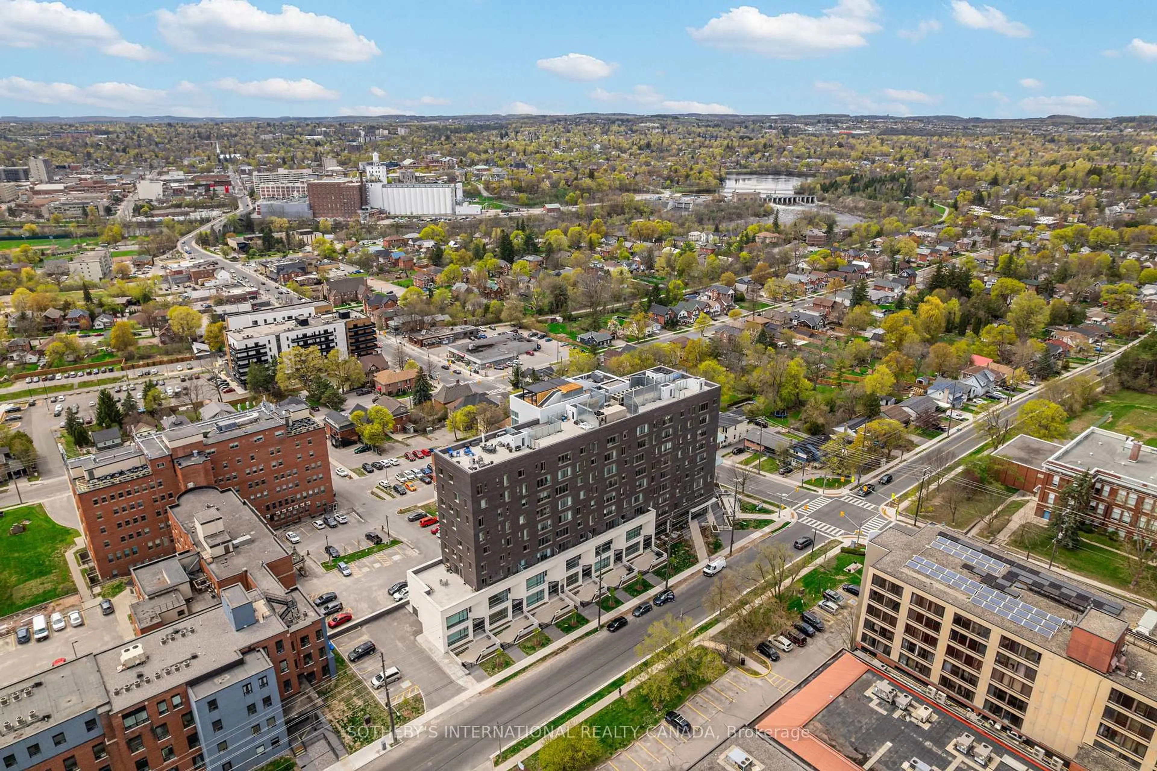 A pic from outside/outdoor area/front of a property/back of a property/a pic from drone, city buildings view from balcony for 195 Hunter St #TH 105, Peterborough Ontario K9H 1G9