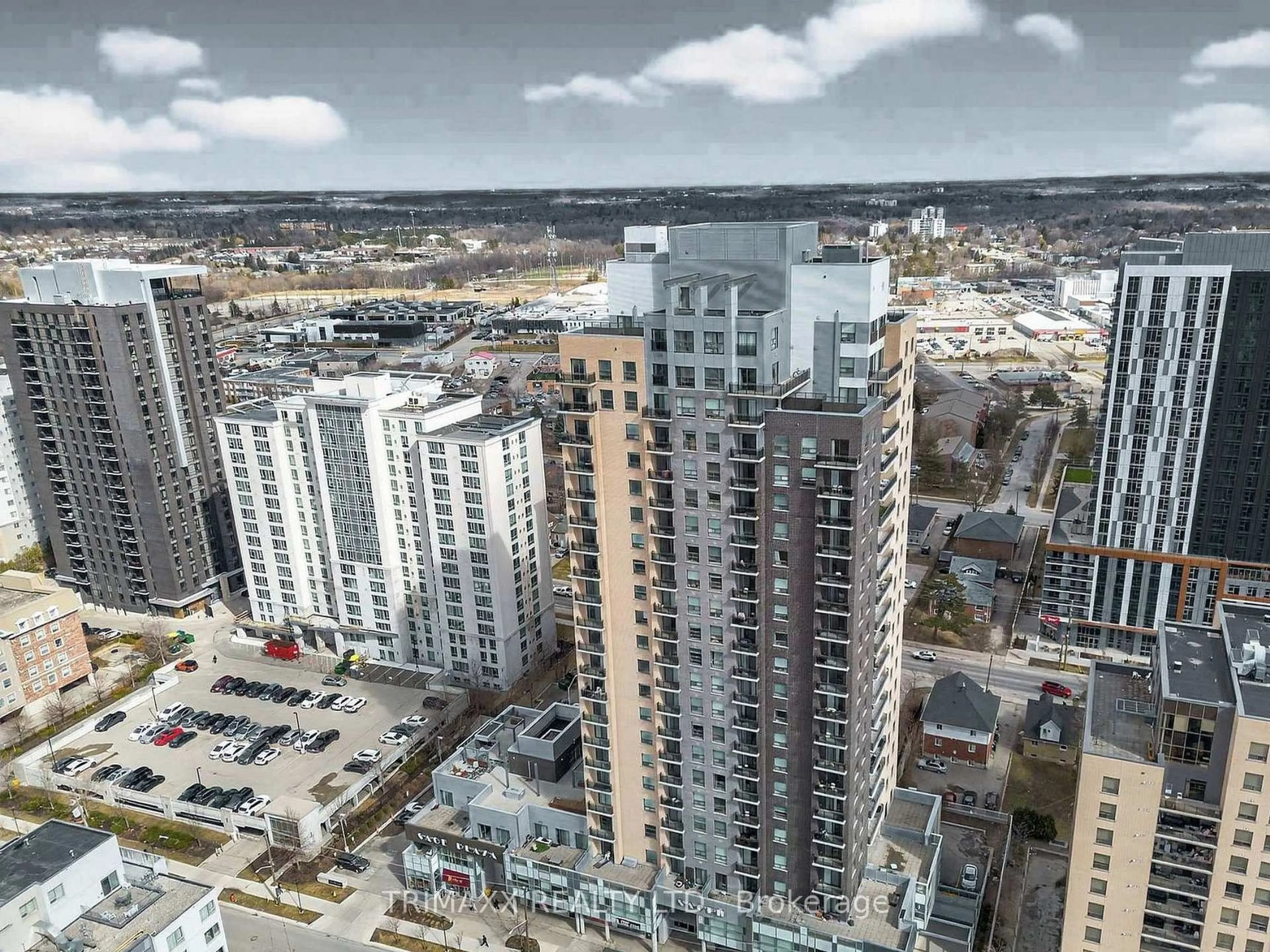 A pic from outside/outdoor area/front of a property/back of a property/a pic from drone, city buildings view from balcony for 318 Spruce St #2102, Waterloo Ontario N2L 0E9