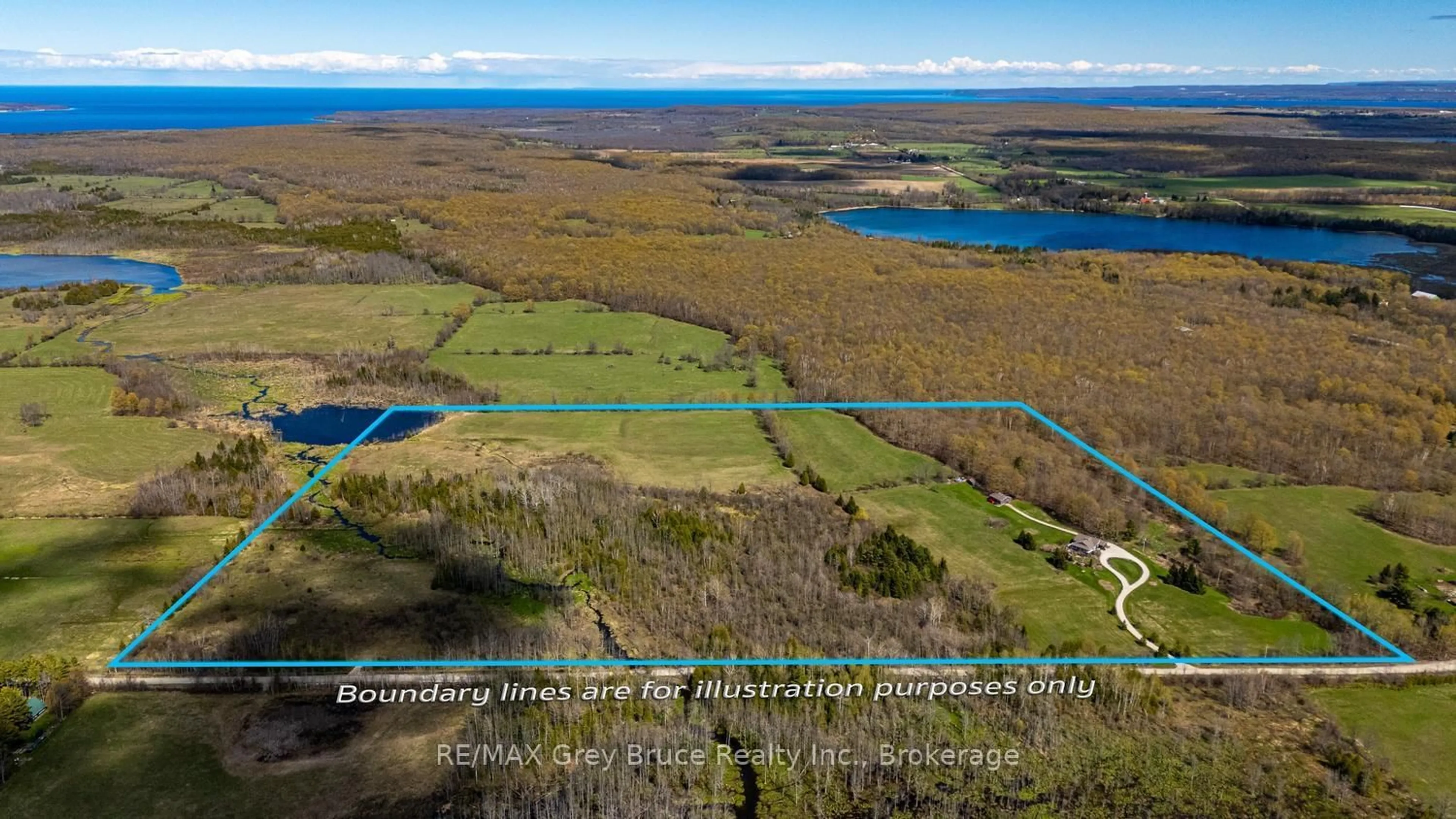 A pic from outside/outdoor area/front of a property/back of a property/a pic from drone, water/lake/river/ocean view for 130483 Gleason Lake Rd, Georgian Bluffs Ontario N0H 2T0