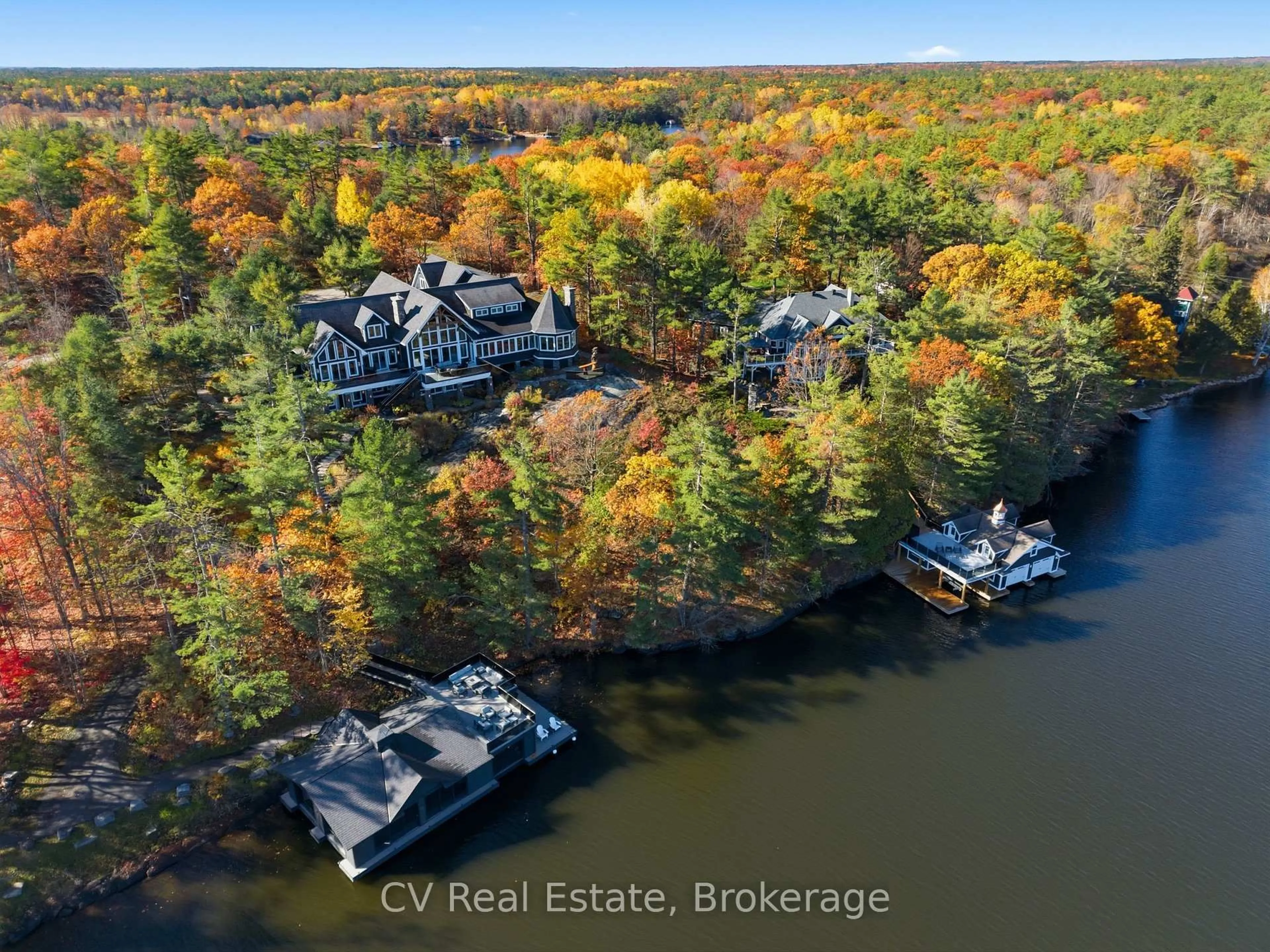A pic from outside/outdoor area/front of a property/back of a property/a pic from drone, water/lake/river/ocean view for 1056 & 1060 S Sunset Bay Rd, Gravenhurst Ontario P1P 1R2