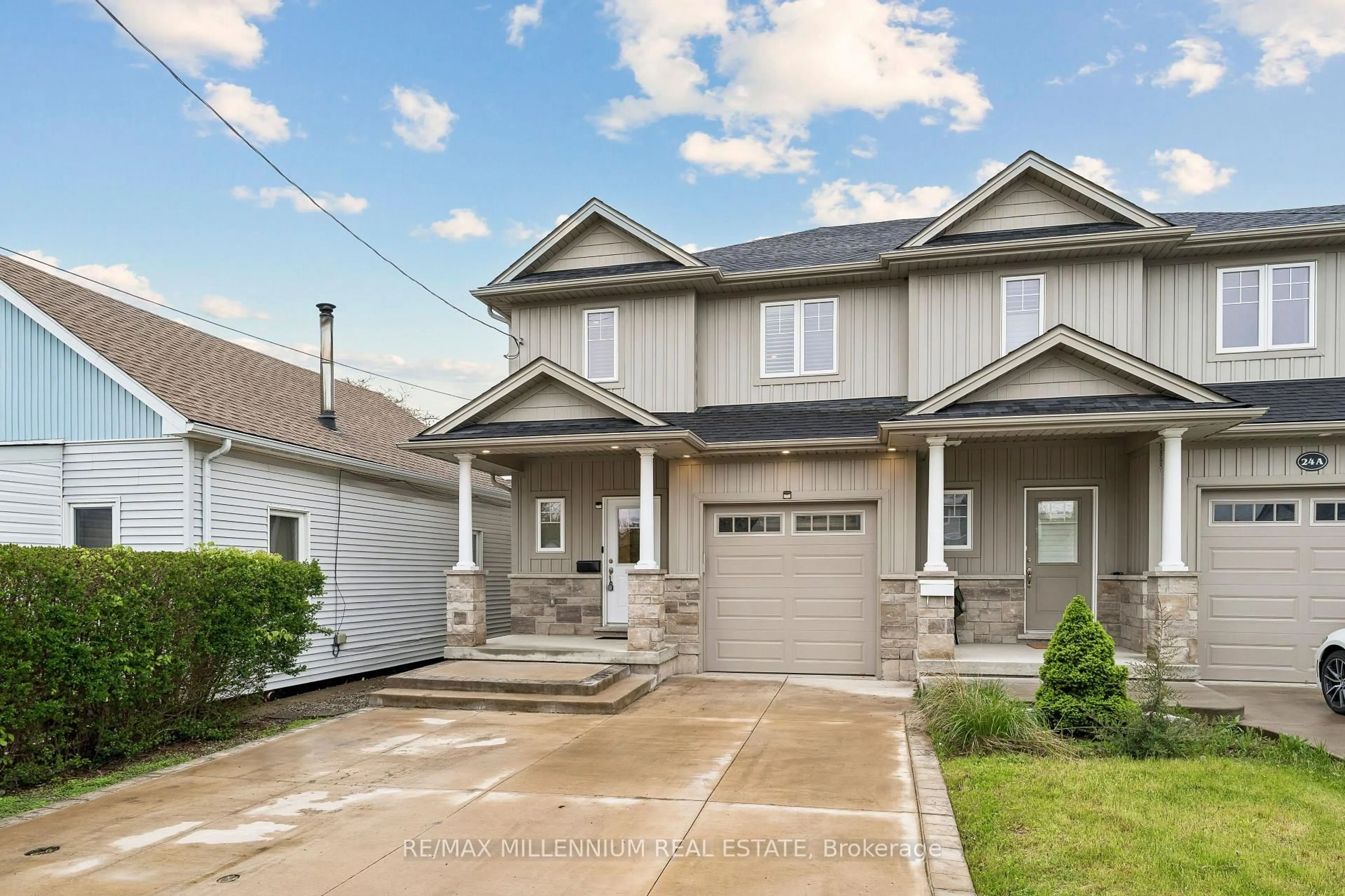 Home with vinyl exterior material, street for 24B Greenwood Ave, St. Catharines Ontario L2P 1X6