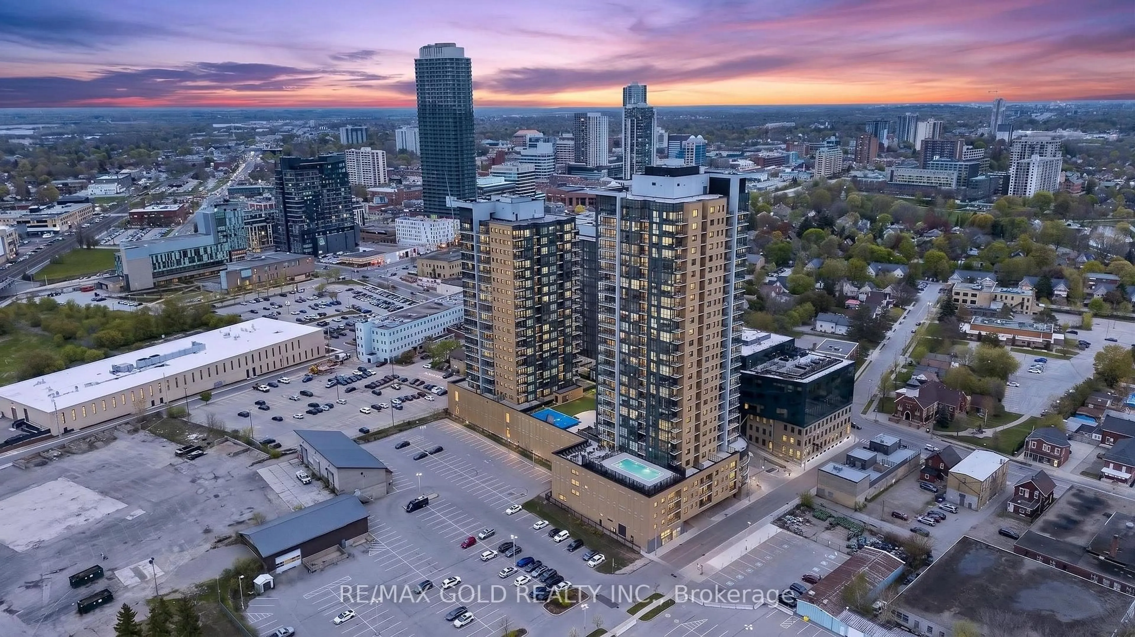 A pic from outside/outdoor area/front of a property/back of a property/a pic from drone, city buildings view from balcony for 104 Garment St #1010, Kitchener Ontario N2G 0C8