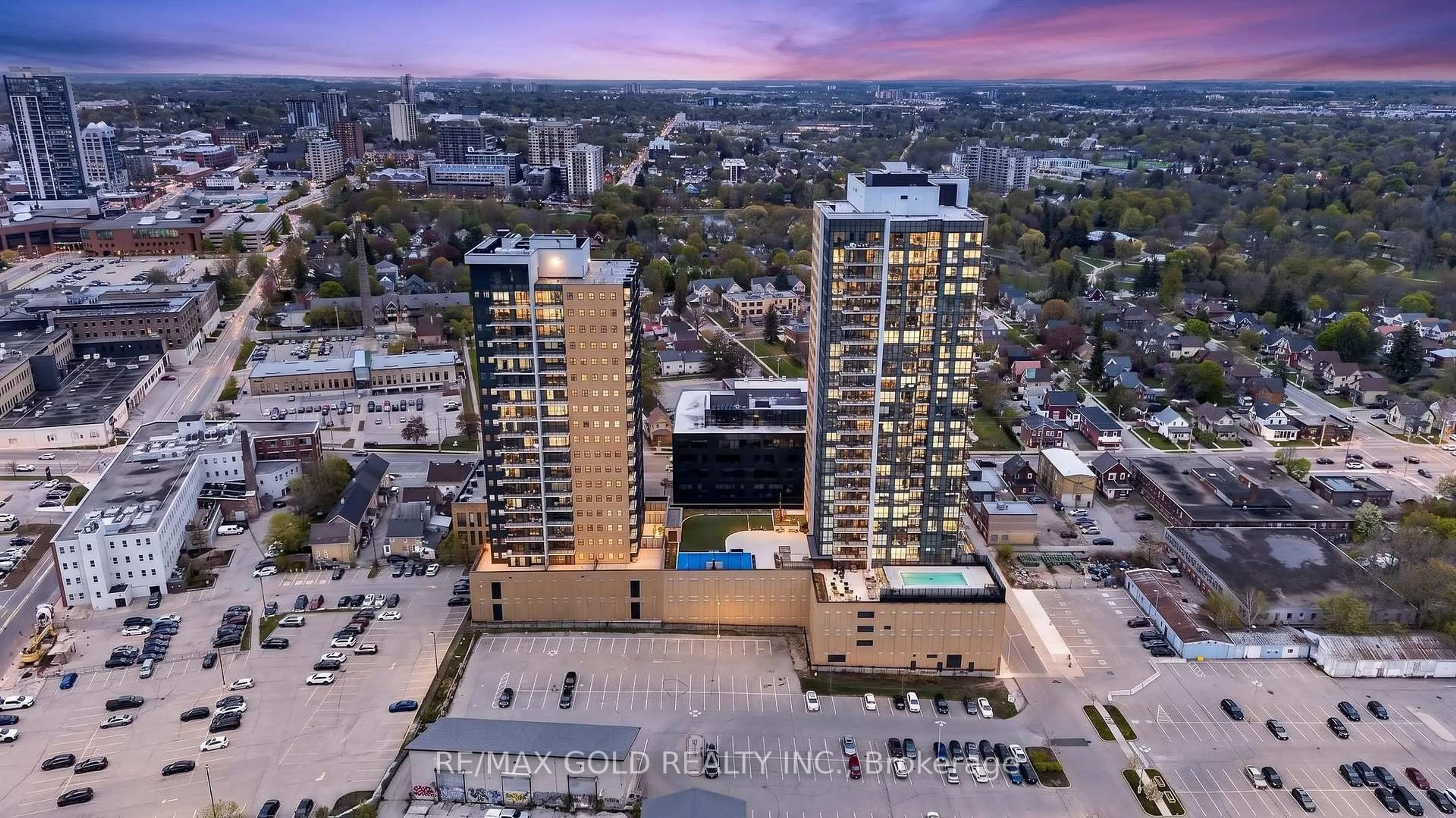 A pic from outside/outdoor area/front of a property/back of a property/a pic from drone, city buildings view from balcony for 104 Garment St #1010, Kitchener Ontario N2G 0C8