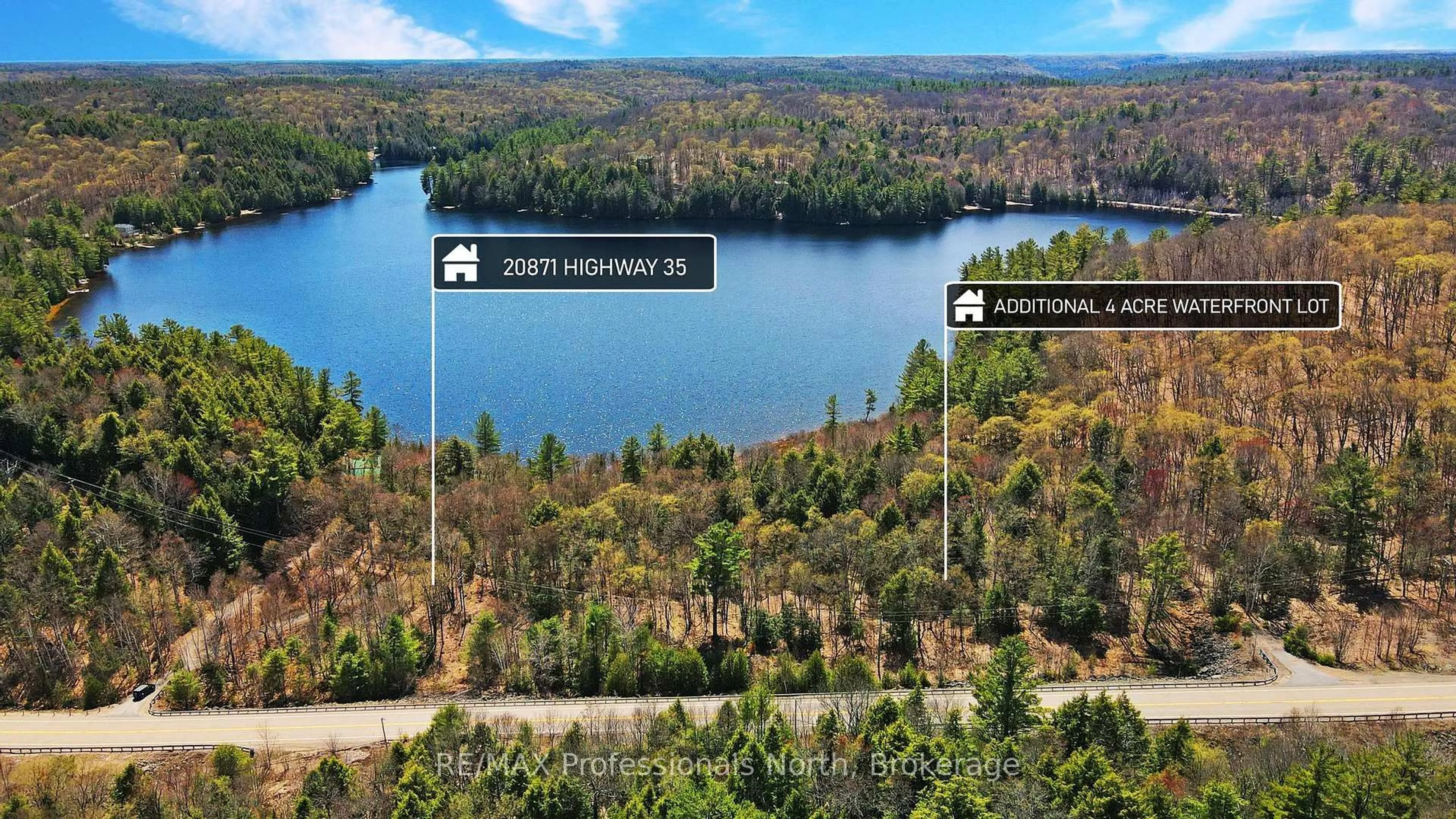 A pic from outside/outdoor area/front of a property/back of a property/a pic from drone, water/lake/river/ocean view for 20871 Highway 35, Algonquin Highlands Ontario K0M 1S0