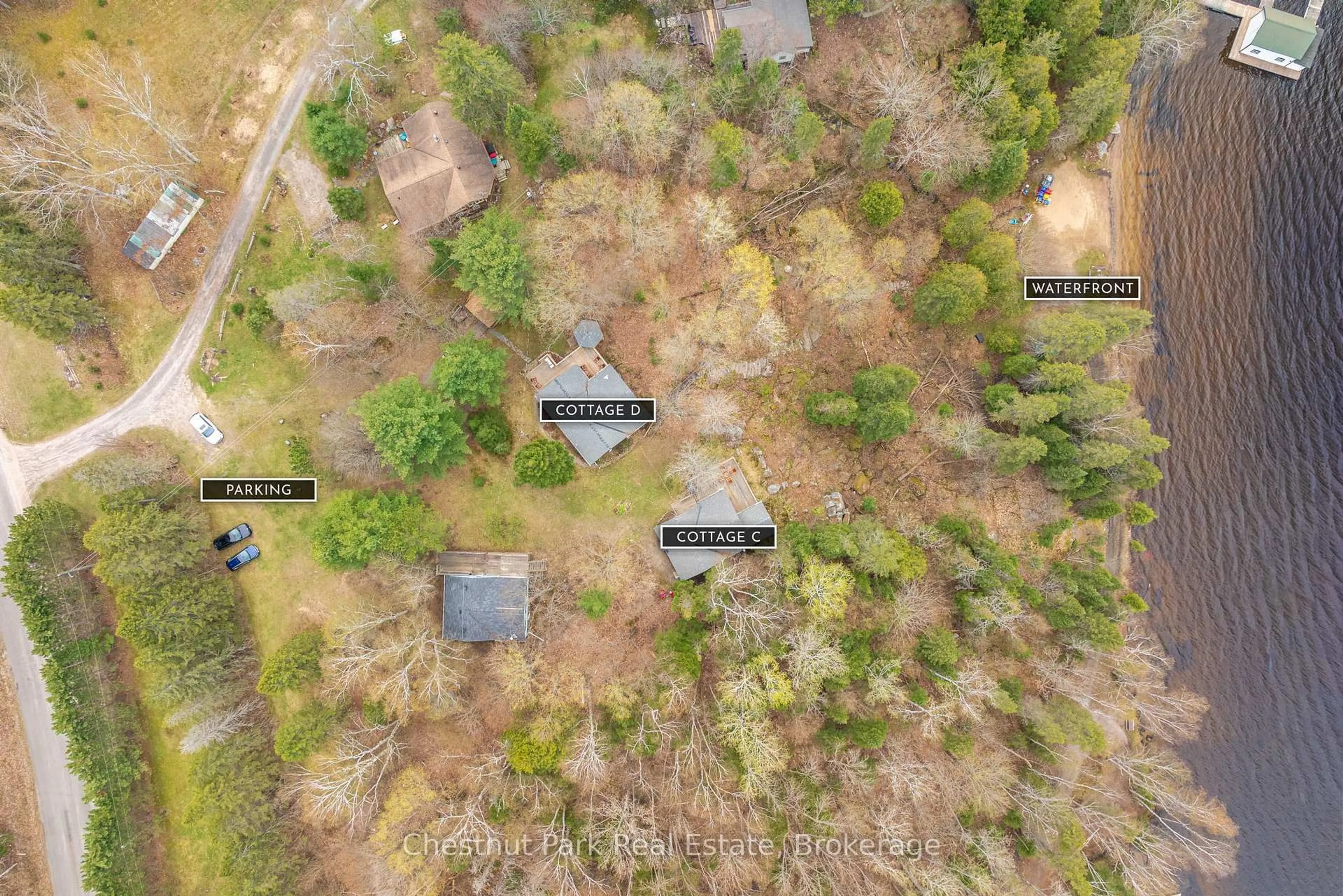 A pic from outside/outdoor area/front of a property/back of a property/a pic from drone, forest/trees view for 1444 Nipissing Rd South Rd #Cottage C, Magnetawan Ontario P0A 1P0