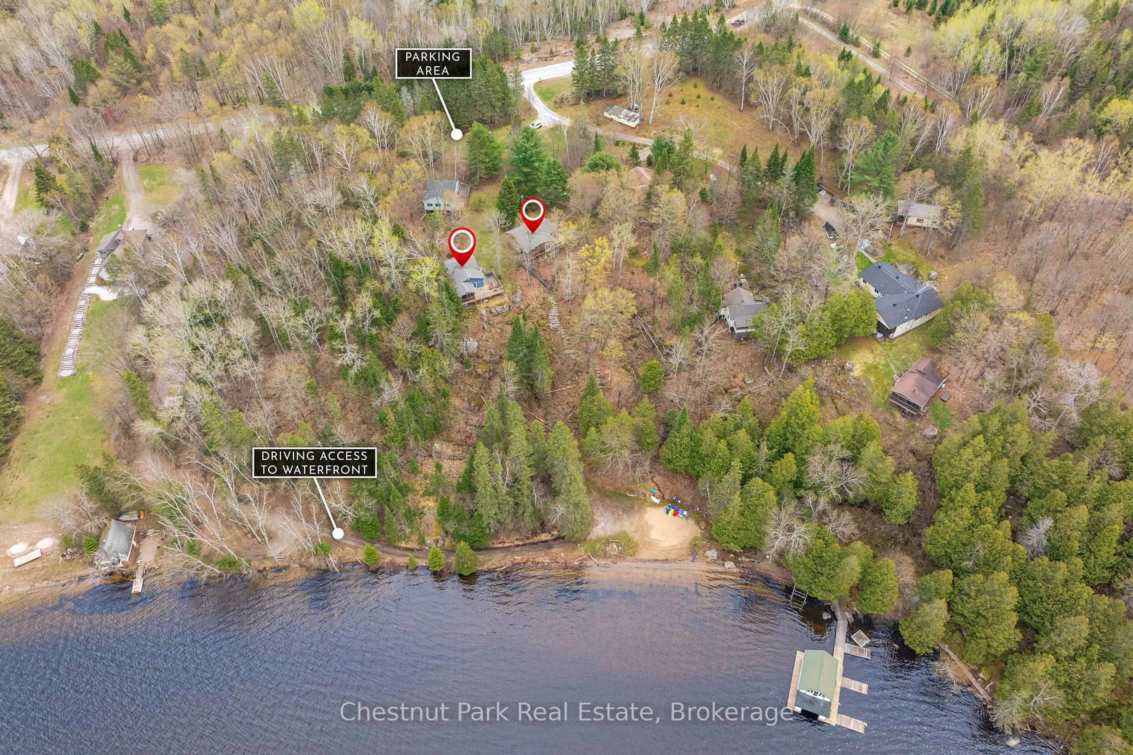 A pic from outside/outdoor area/front of a property/back of a property/a pic from drone, water/lake/river/ocean view for 1444 Nipissing Rd South Rd #Cottage C, Magnetawan Ontario P0A 1P0