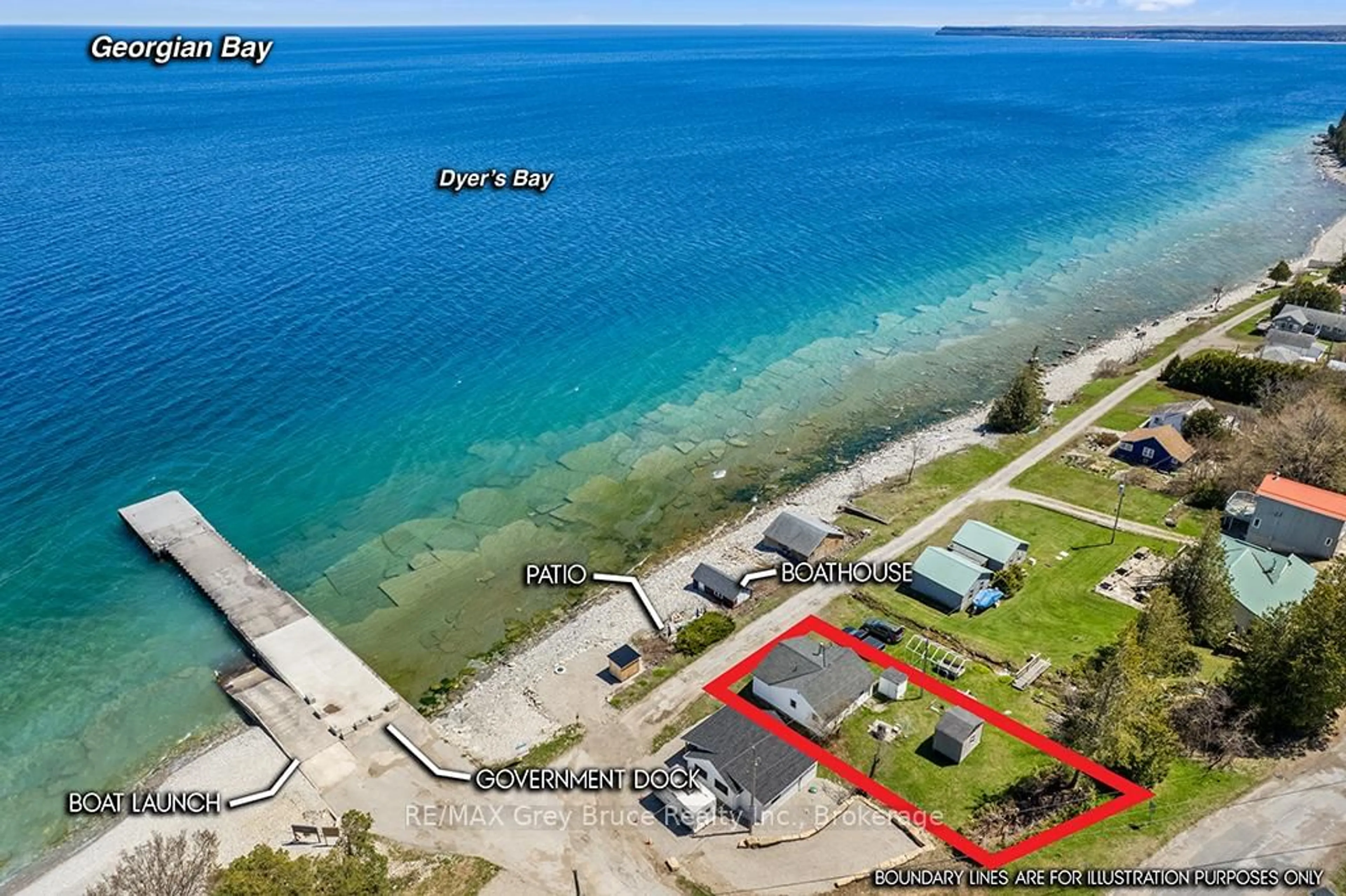A pic from outside/outdoor area/front of a property/back of a property/a pic from drone, water/lake/river/ocean view for 8 Dock Lane, Northern Bruce Peninsula Ontario N0H 1Z0