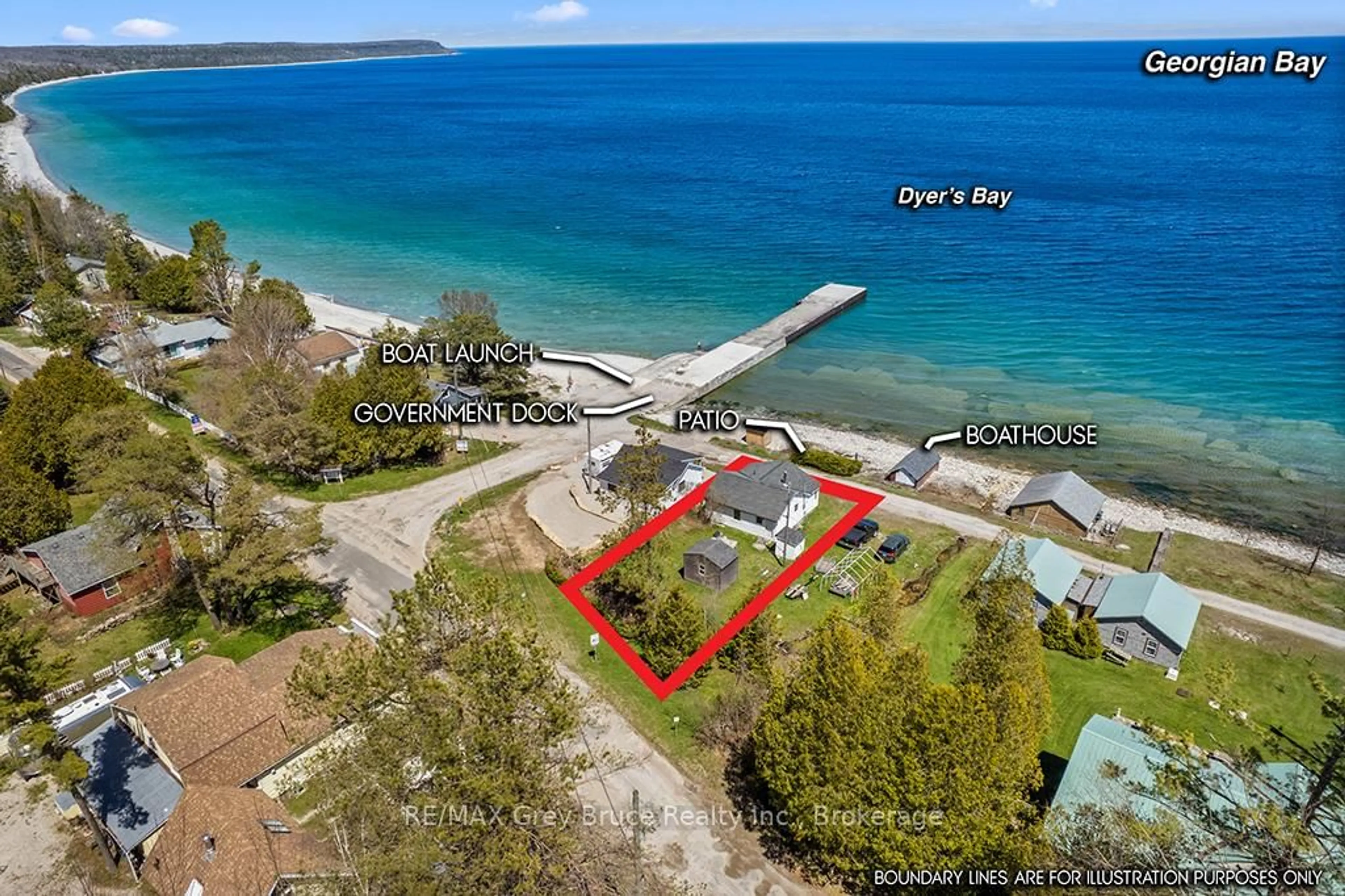 A pic from outside/outdoor area/front of a property/back of a property/a pic from drone, water/lake/river/ocean view for 8 Dock Lane, Northern Bruce Peninsula Ontario N0H 1Z0