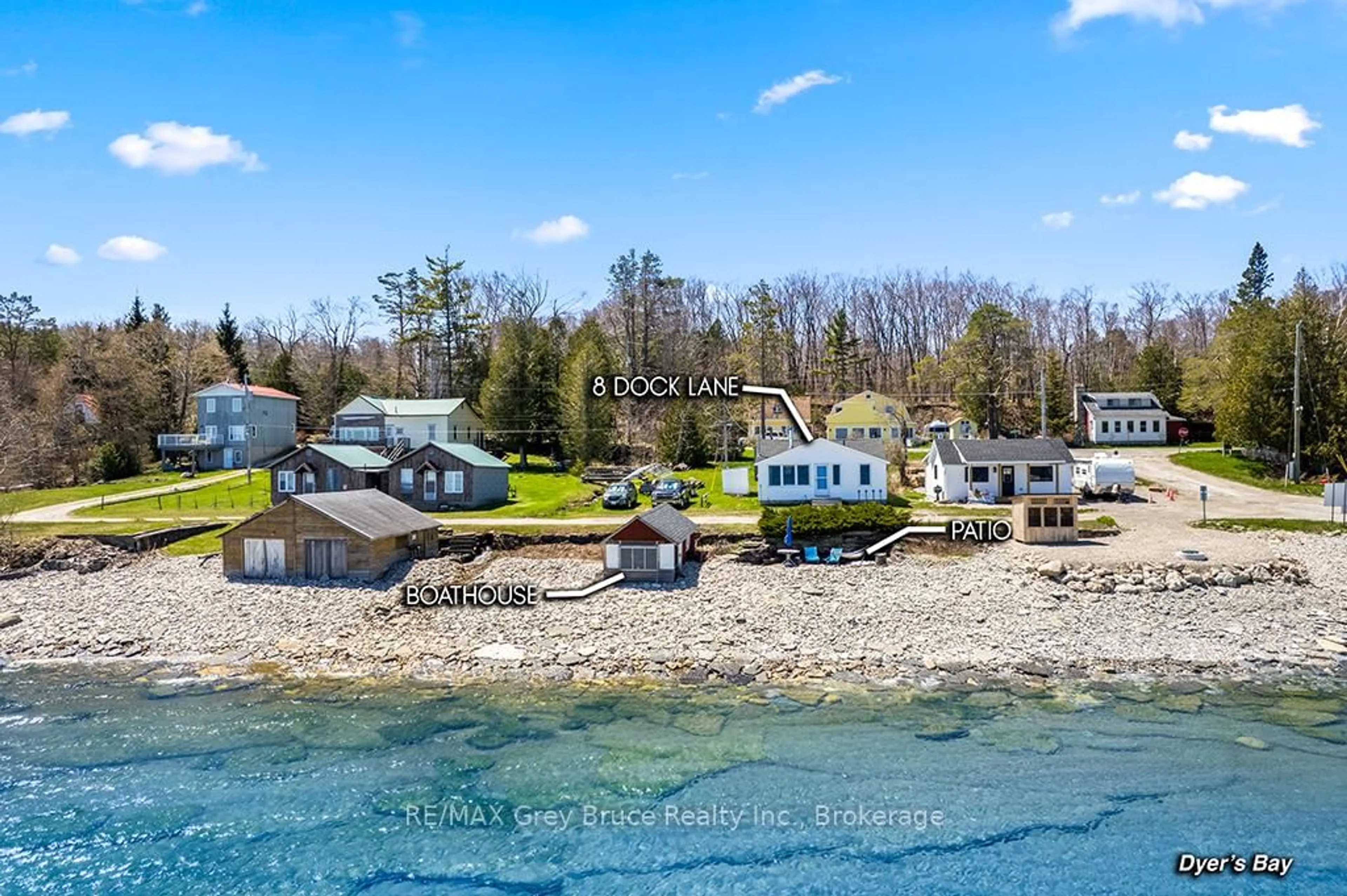 A pic from outside/outdoor area/front of a property/back of a property/a pic from drone, water/lake/river/ocean view for 8 Dock Lane, Northern Bruce Peninsula Ontario N0H 1Z0
