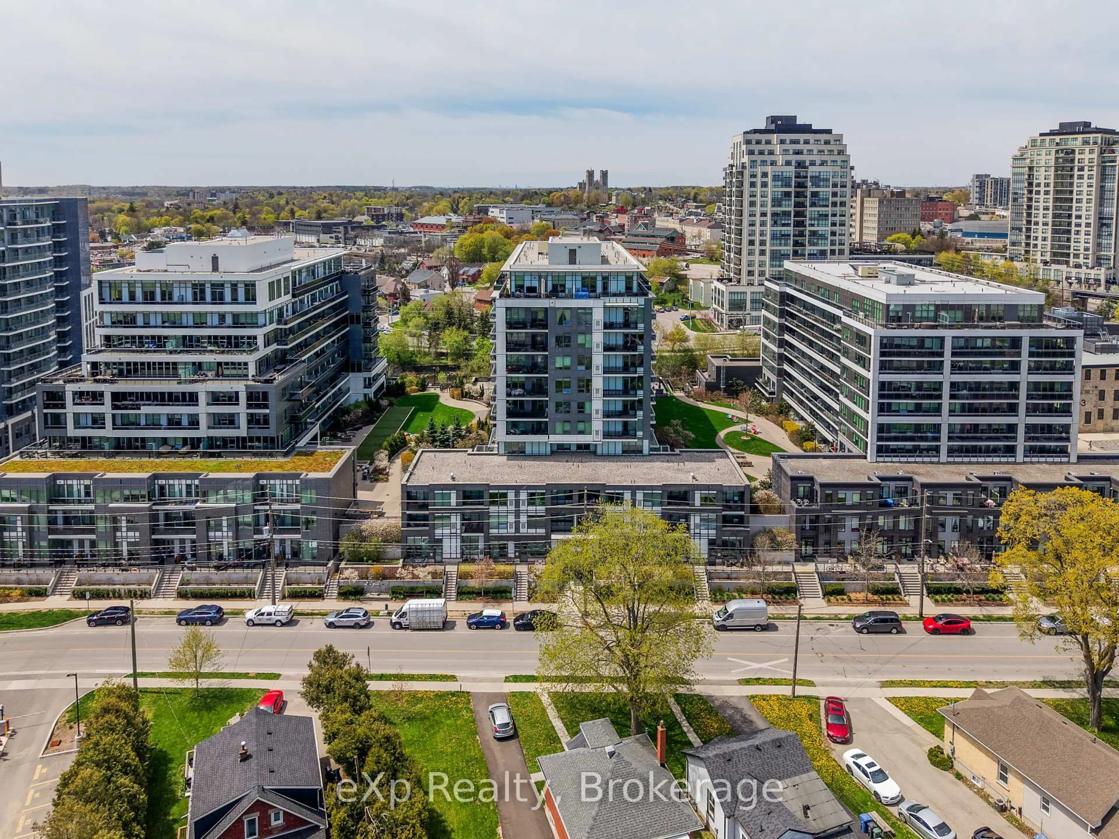 A pic from outside/outdoor area/front of a property/back of a property/a pic from drone, city buildings view from balcony for 63 Arthur St #205, Guelph Ontario N1E 0A8