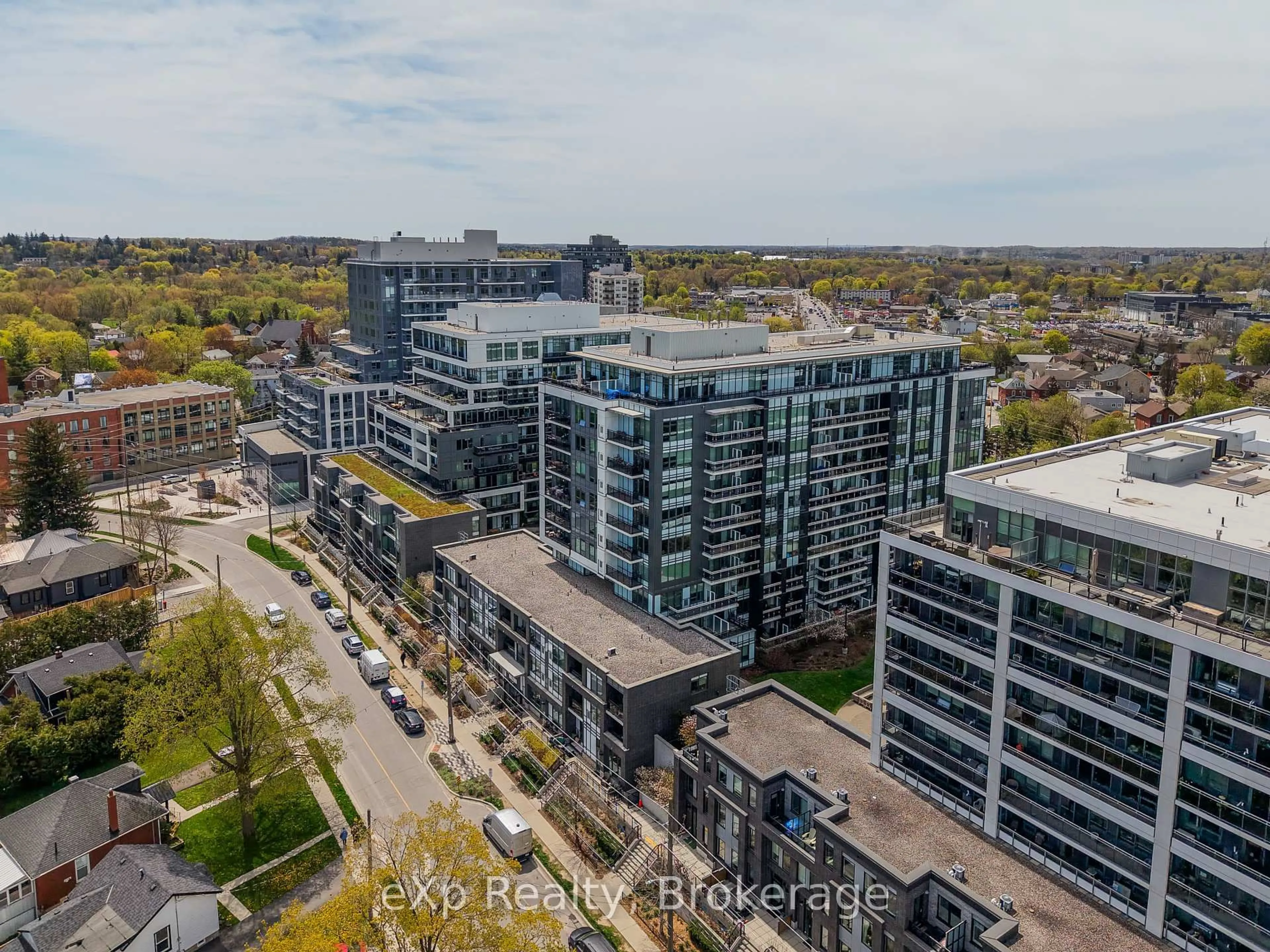 A pic from outside/outdoor area/front of a property/back of a property/a pic from drone, city buildings view from balcony for 63 Arthur St #205, Guelph Ontario N1E 0A8