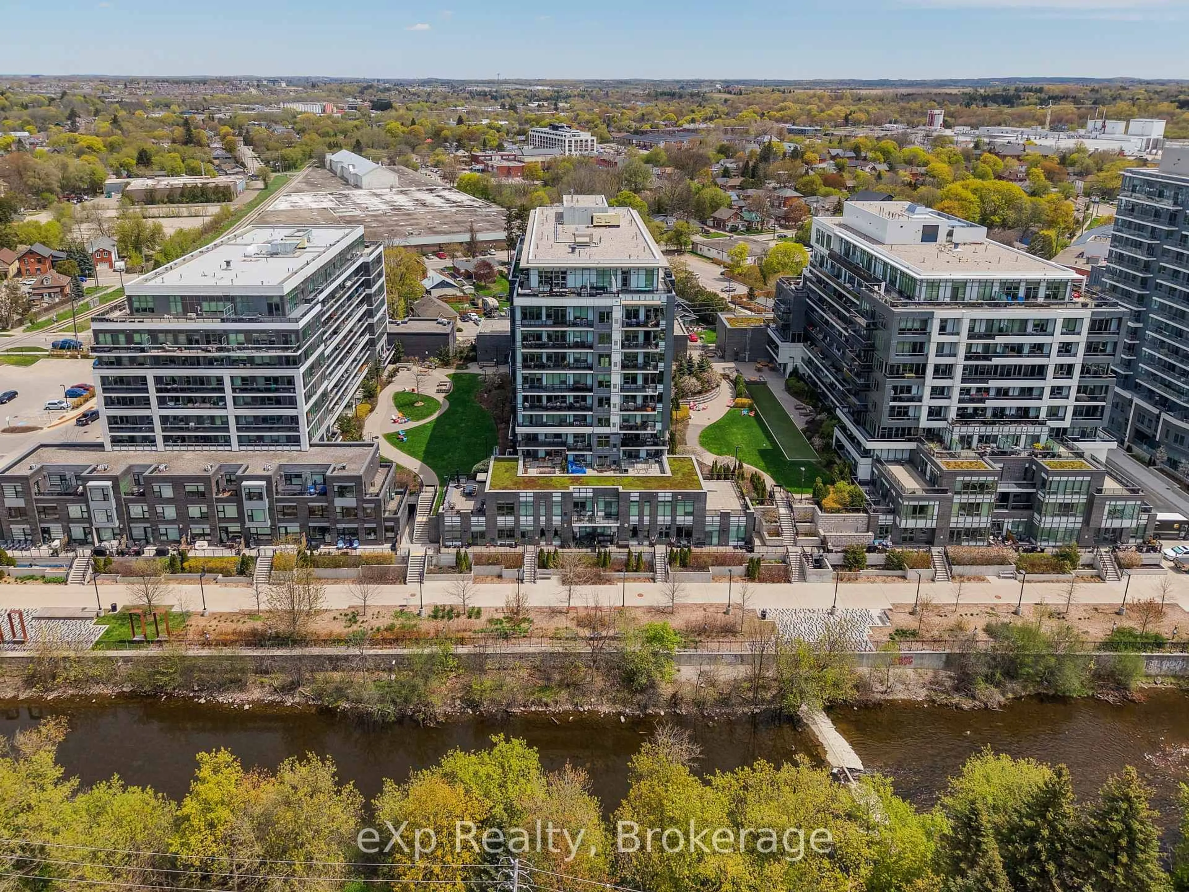 A pic from outside/outdoor area/front of a property/back of a property/a pic from drone, city buildings view from balcony for 63 Arthur St #205, Guelph Ontario N1E 0A8