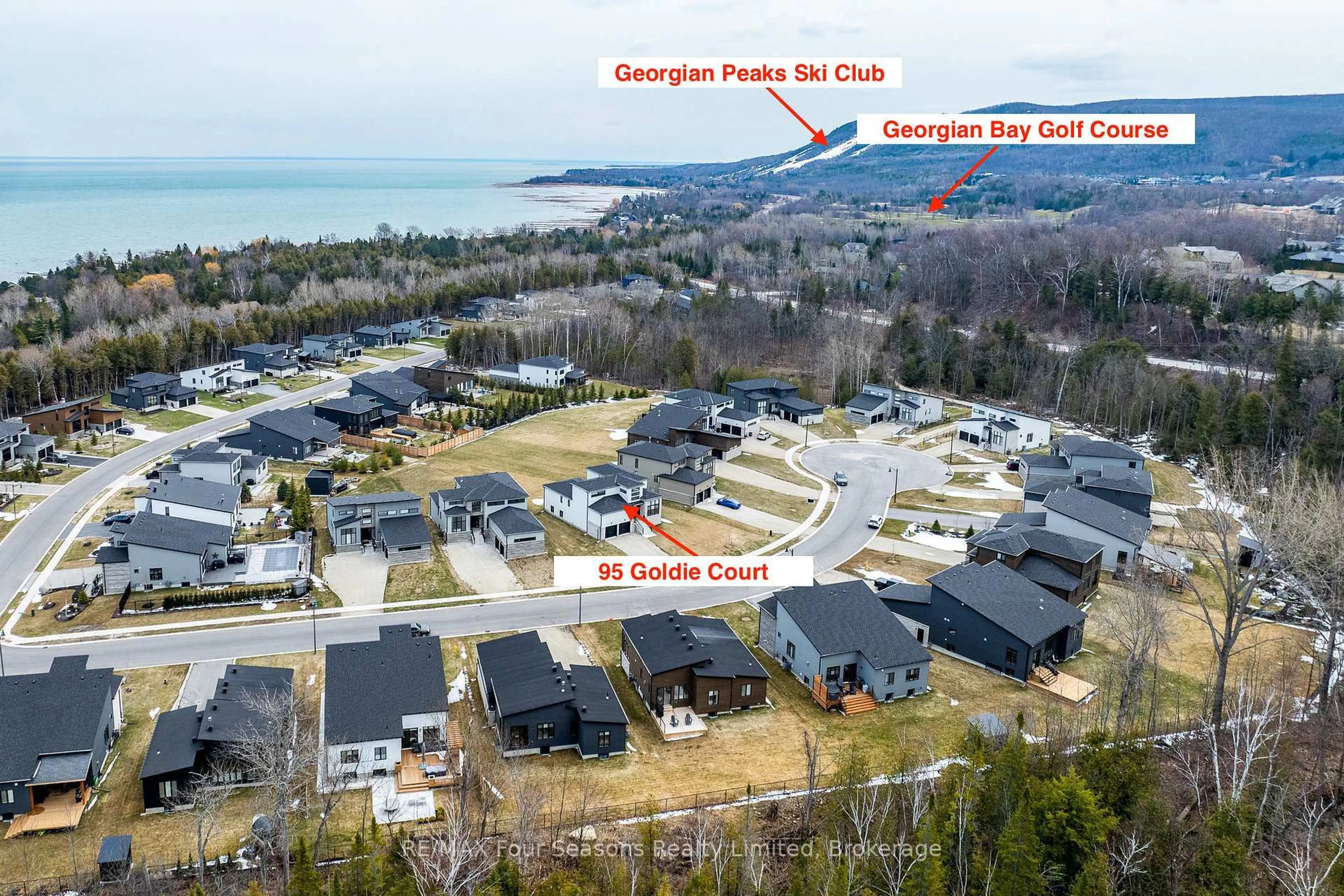 A pic from outside/outdoor area/front of a property/back of a property/a pic from drone, water/lake/river/ocean view for 95 Goldie Crt, Blue Mountains Ontario N0H 1J0