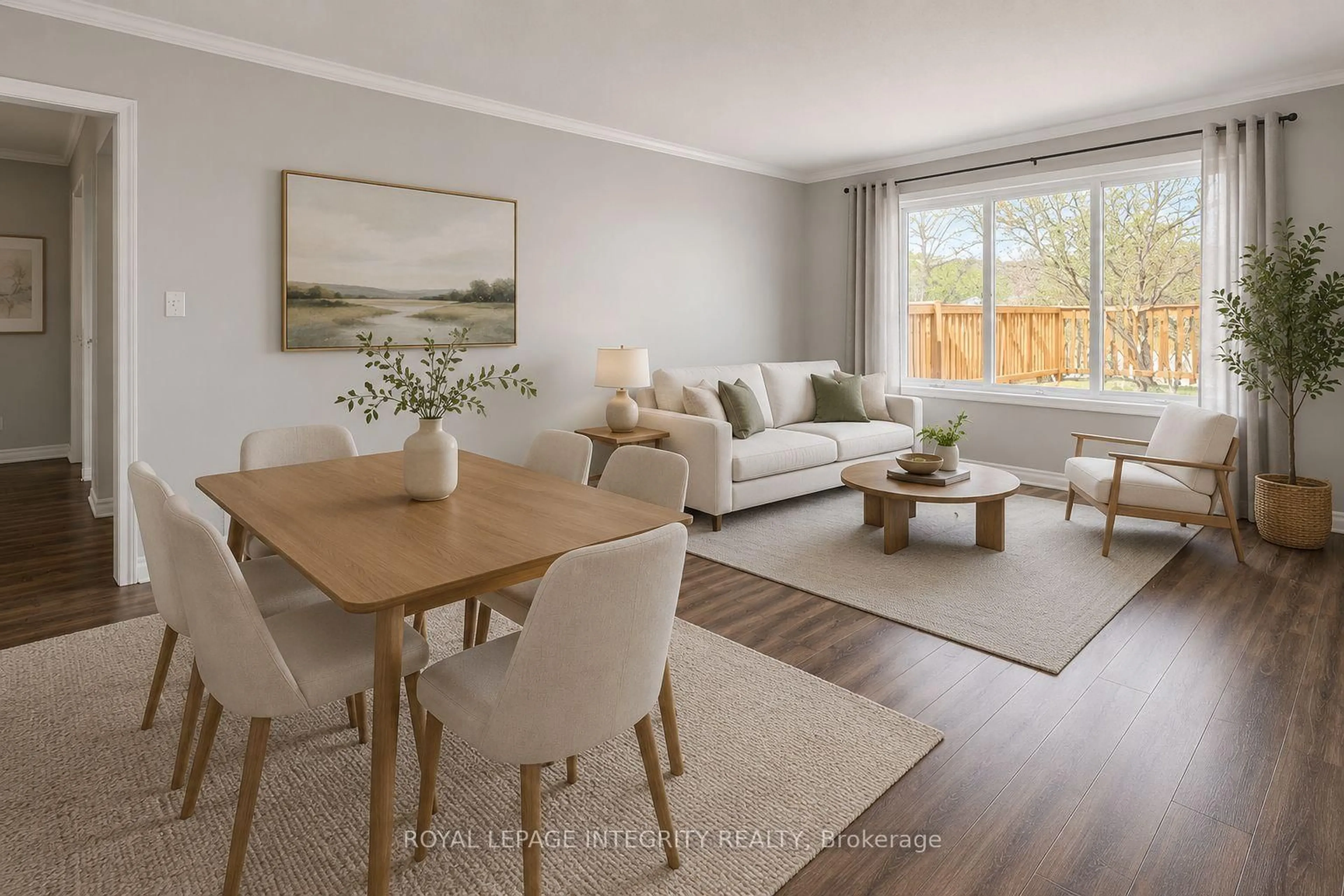 Living room with furniture, wood/laminate floor for 65 Rothesay Dr, Kanata Ontario K2L 1N6