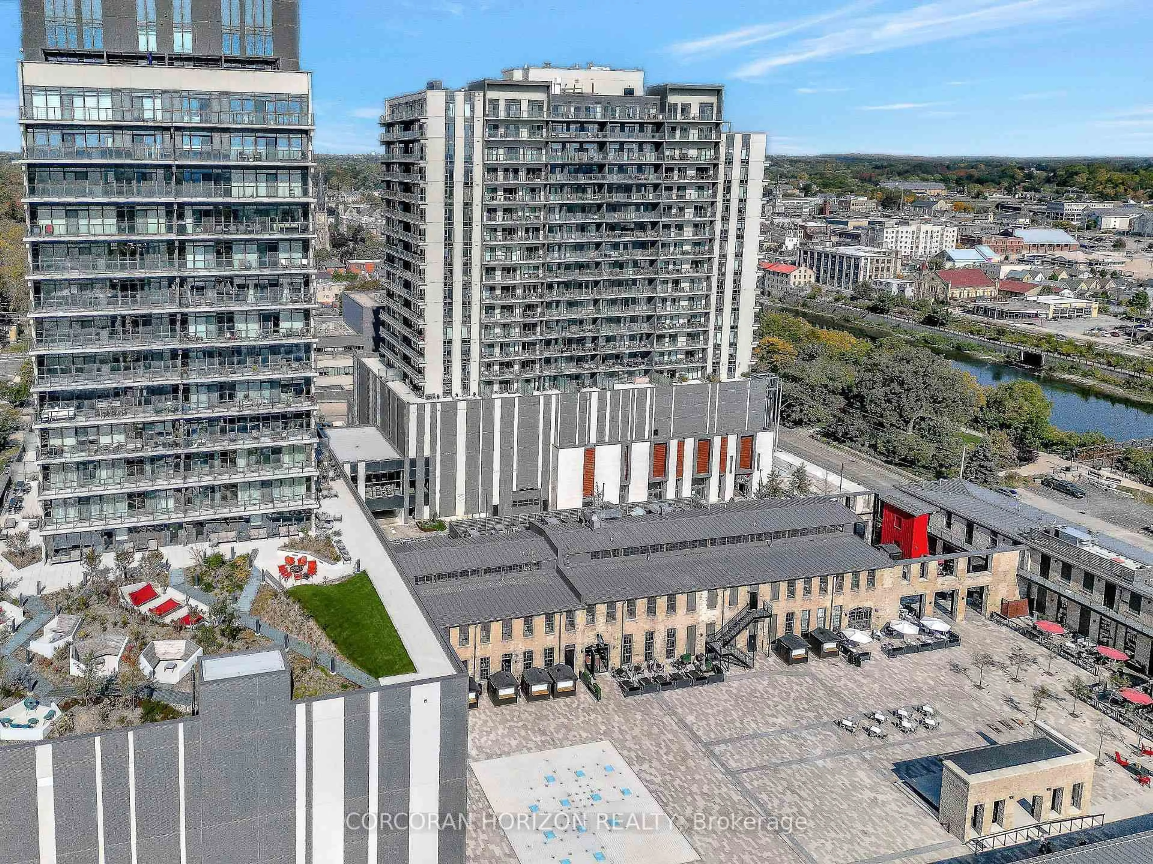 A pic from outside/outdoor area/front of a property/back of a property/a pic from drone, city buildings view from balcony for 50 Grand Ave #801, Cambridge Ontario N1S 2L8