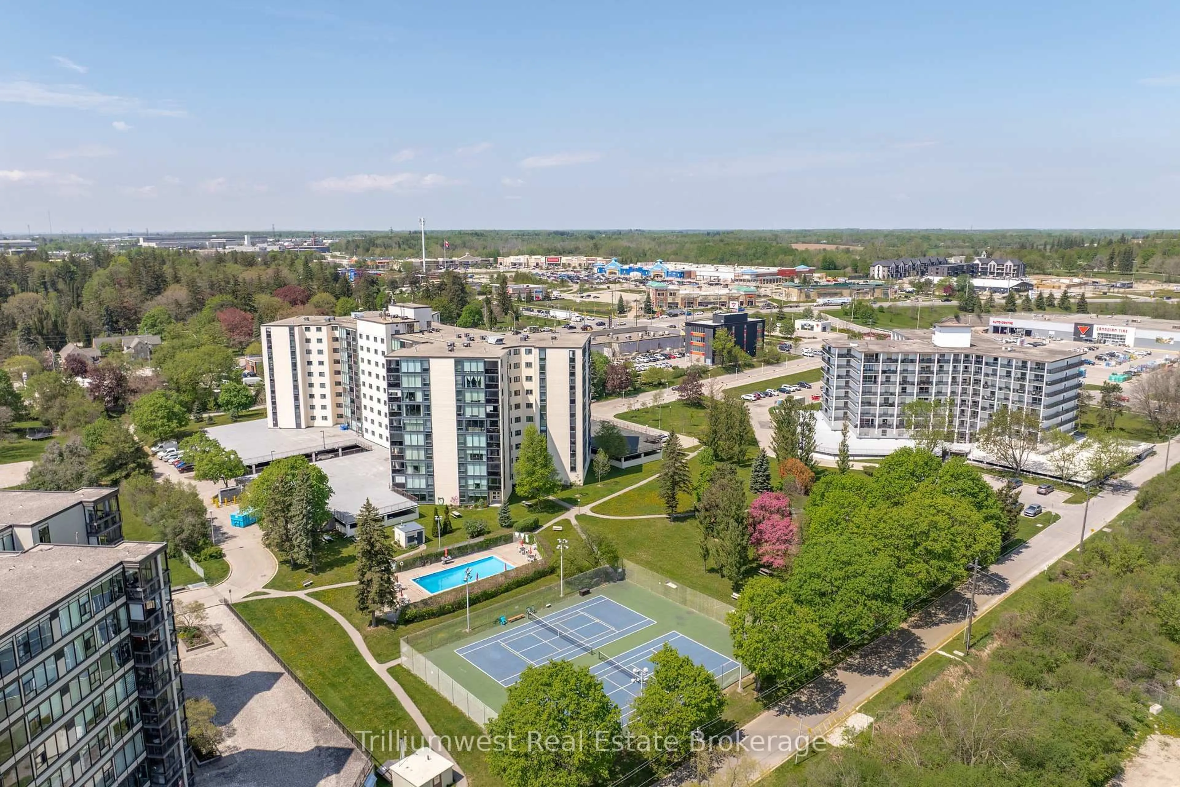 A pic from outside/outdoor area/front of a property/back of a property/a pic from drone, city buildings view from balcony for 23 Woodlawn Rd #503, Guelph Ontario N1H 7G6