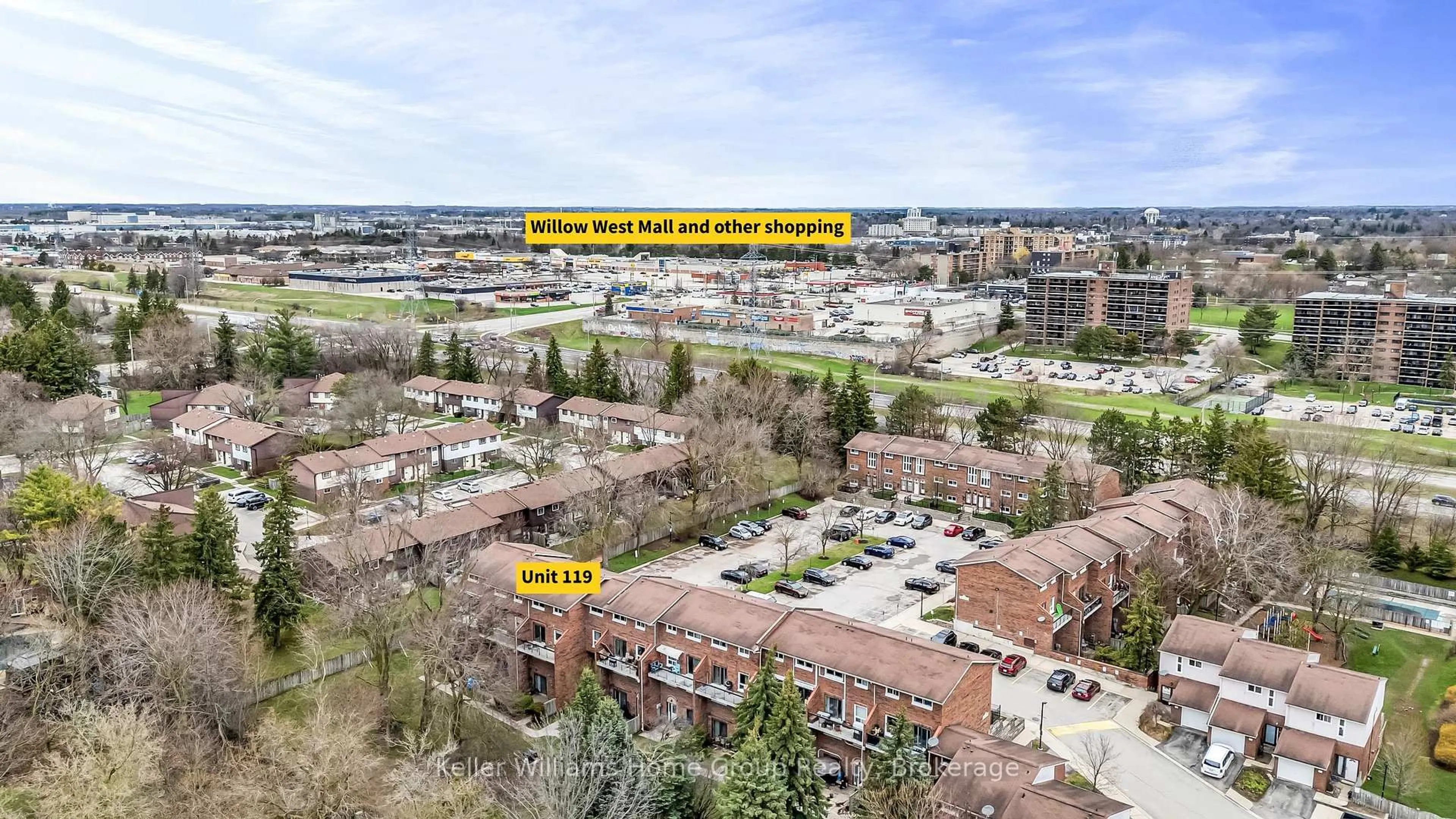A pic from outside/outdoor area/front of a property/back of a property/a pic from drone, city buildings view from balcony for 49 Rhonda Rd #119, Guelph Ontario N1H 7A4